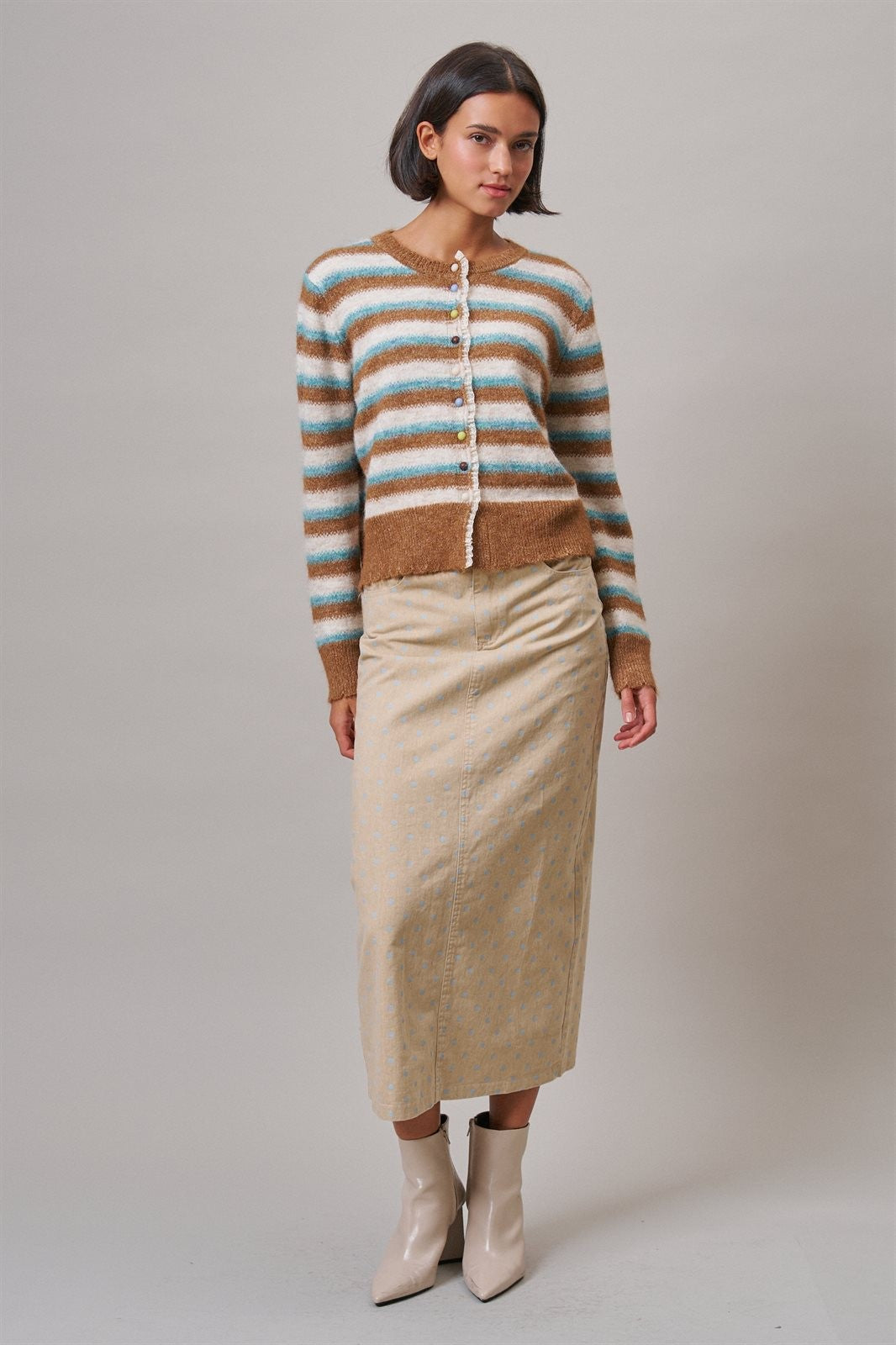 Lace Trim Striped Cardigan Coastal Grandma Preppy for Women in BROWN BLUE - Women's Cardigans & Shrugs | Urban Daizy