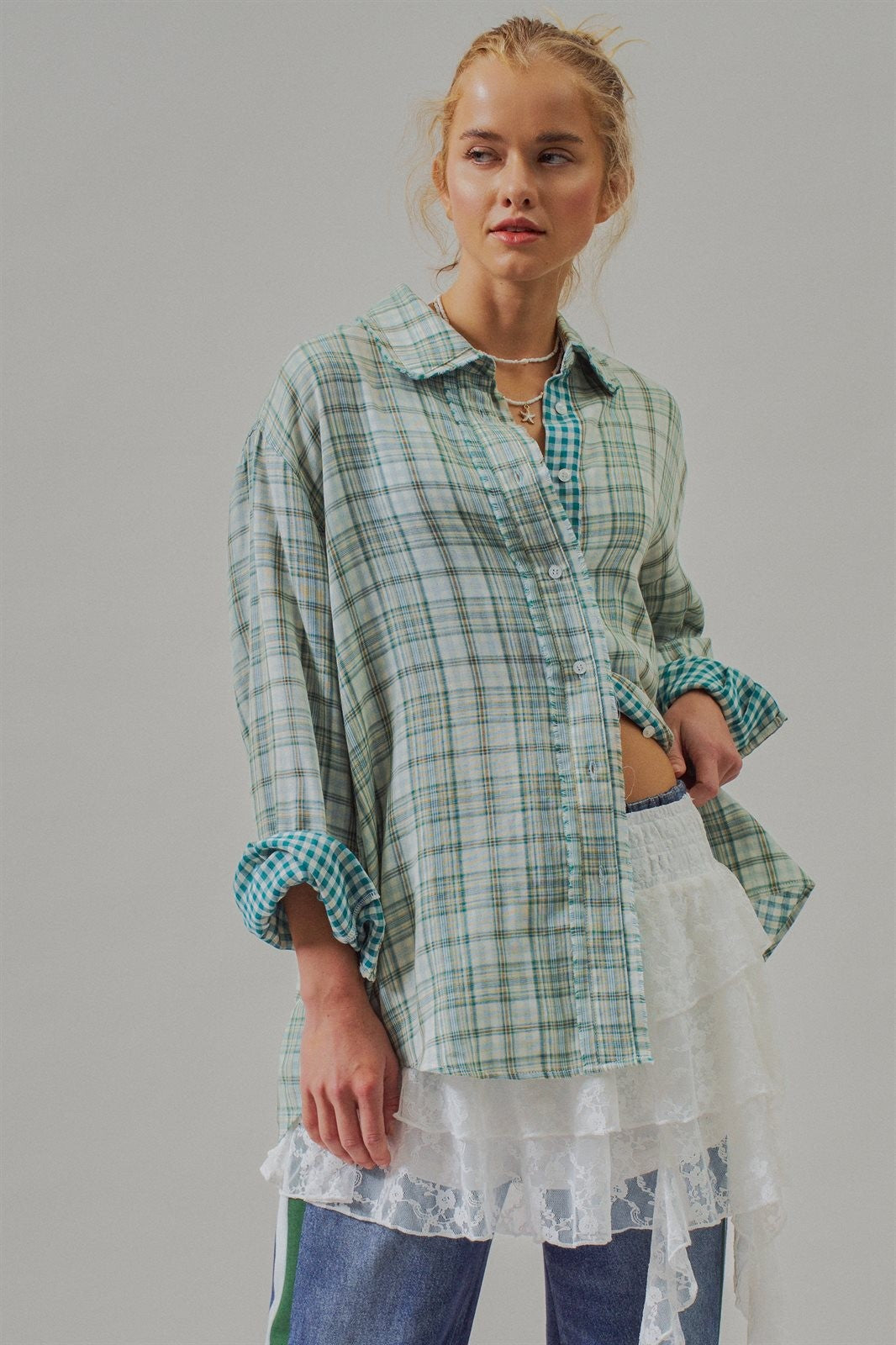 Oversized Plaid Cotton Button-Down Shirt in GREEN - Women's Shirts & Blouses | Urban Daizy