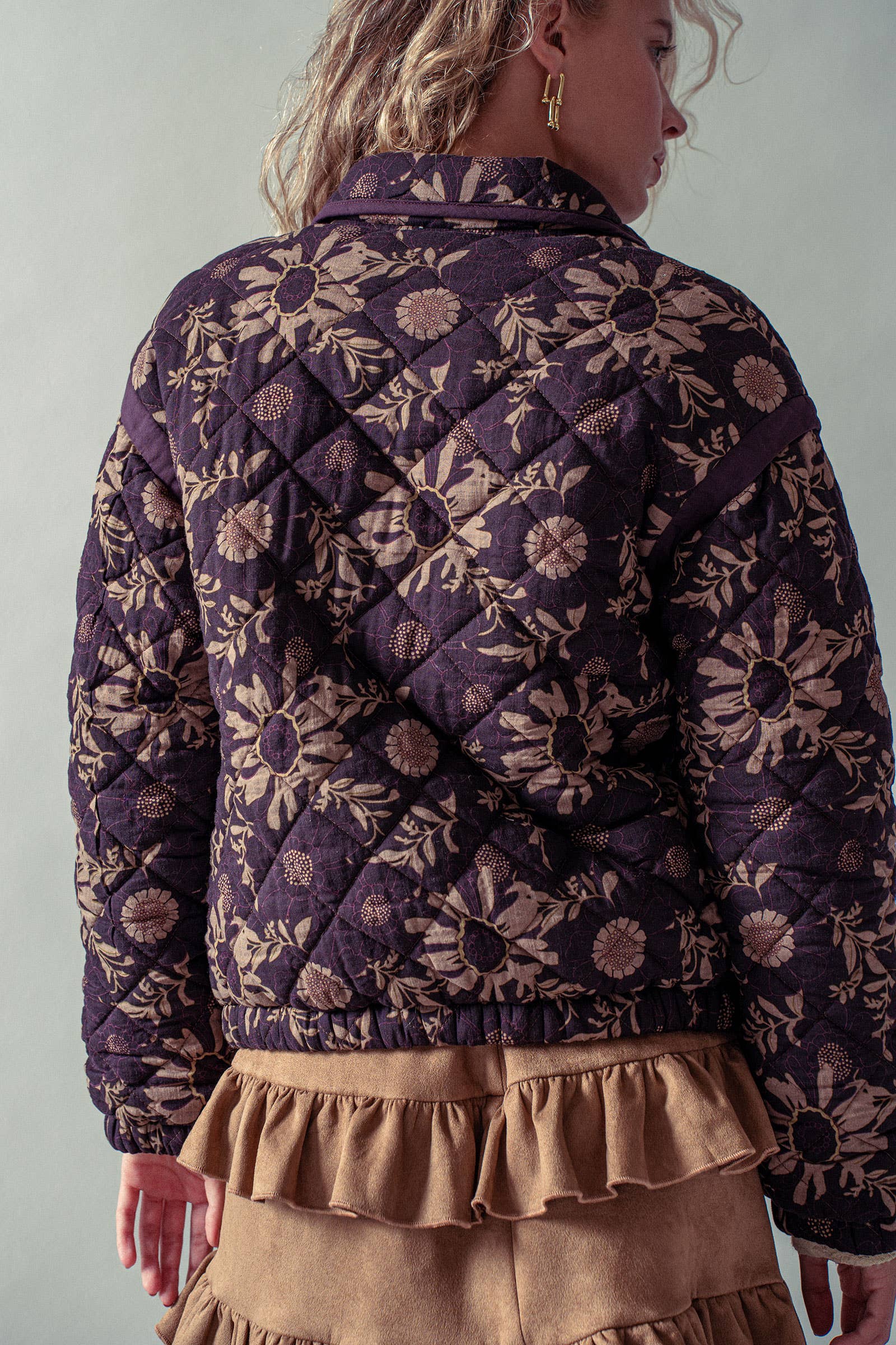 Quilted Floral Shawl Collar Jacket