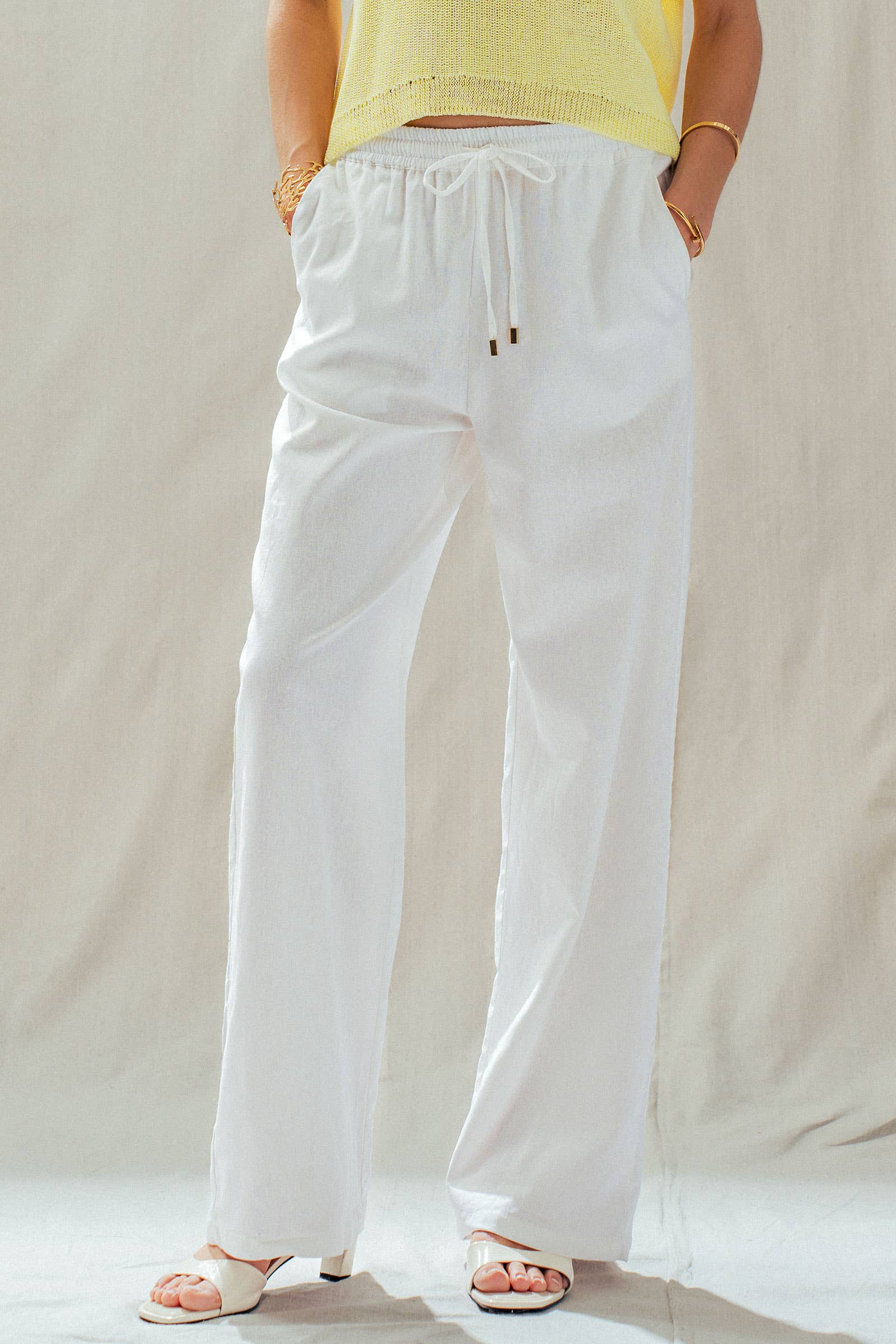 Linen Blend Wide Leg Pants Drawstring Waist