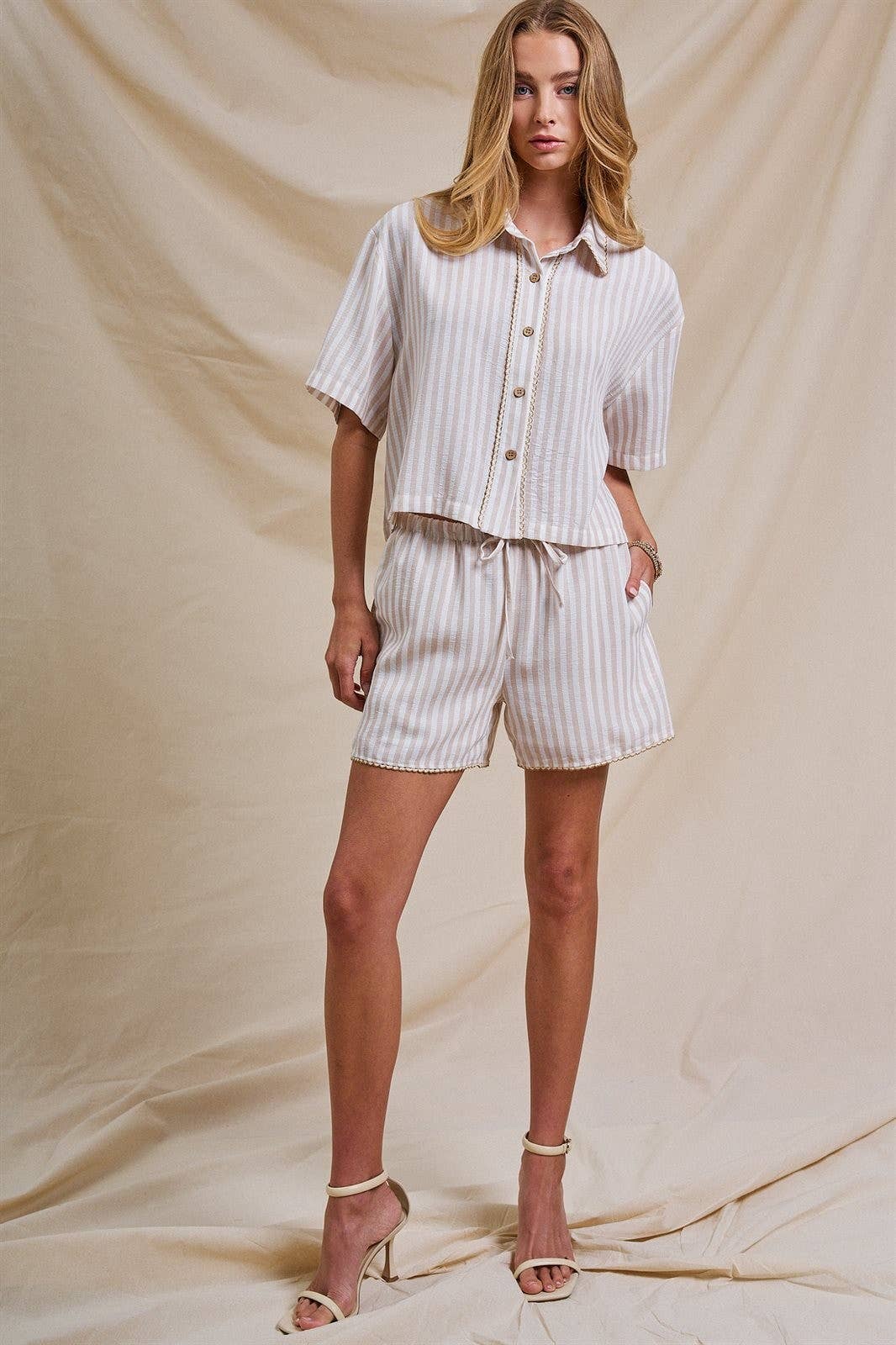 Urban Daizy Striped Scalloped Trim Cropped Shirt Cream Button Down Shirt - Women's (UDZ-TP-01088-Cream) – alternate view 8