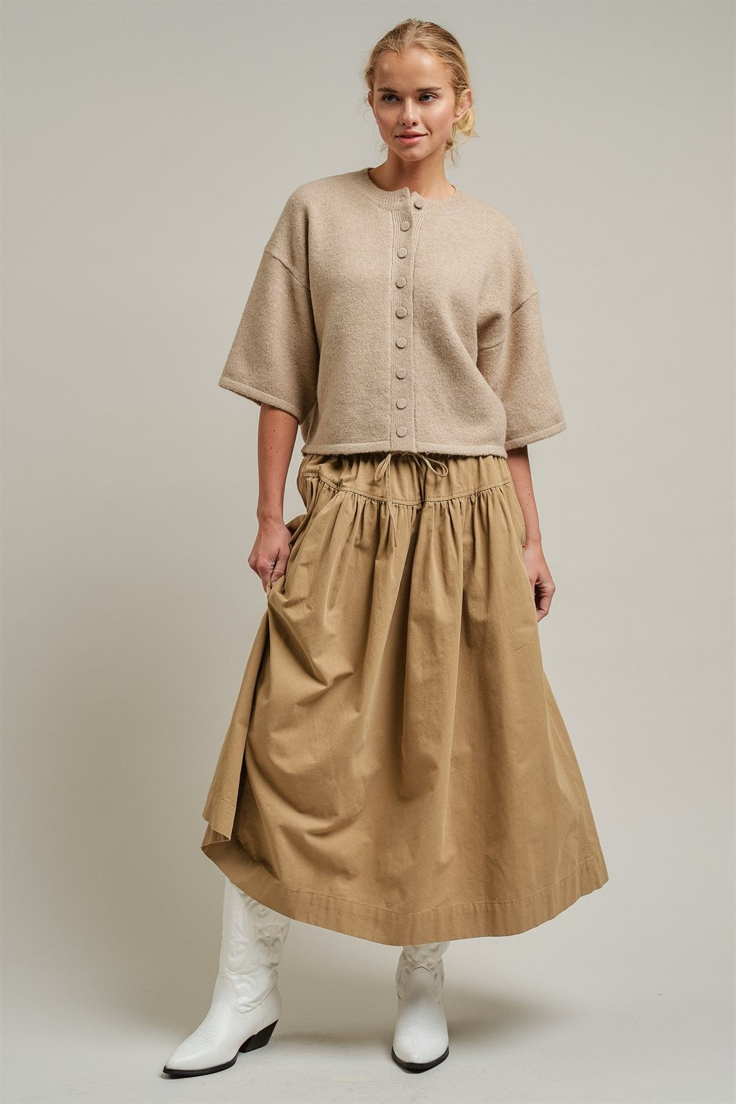 Cropped Knit Button-Front Cardigan Dropped Shoulder