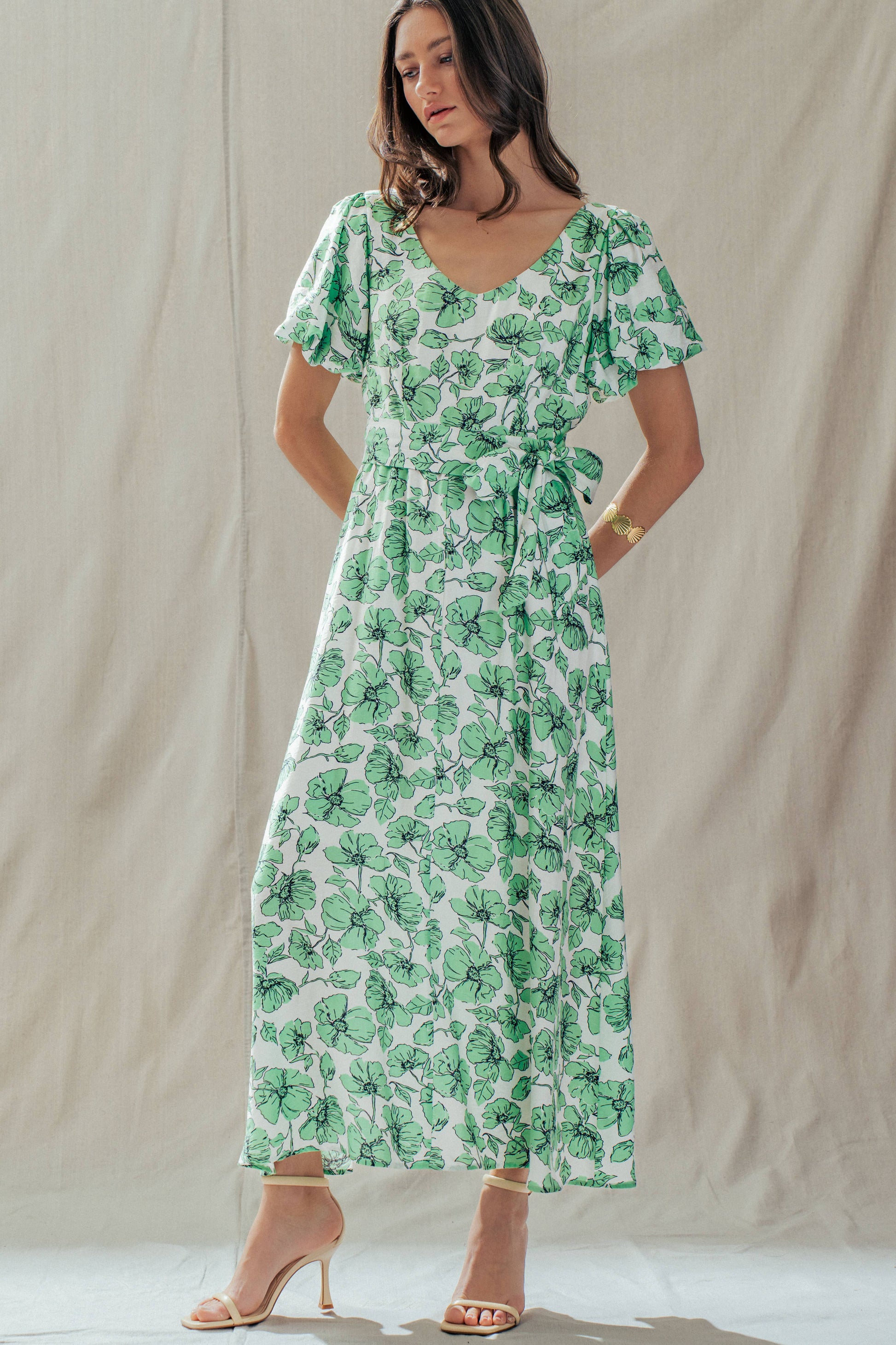 Green Floral Puff Sleeve Midi Dress