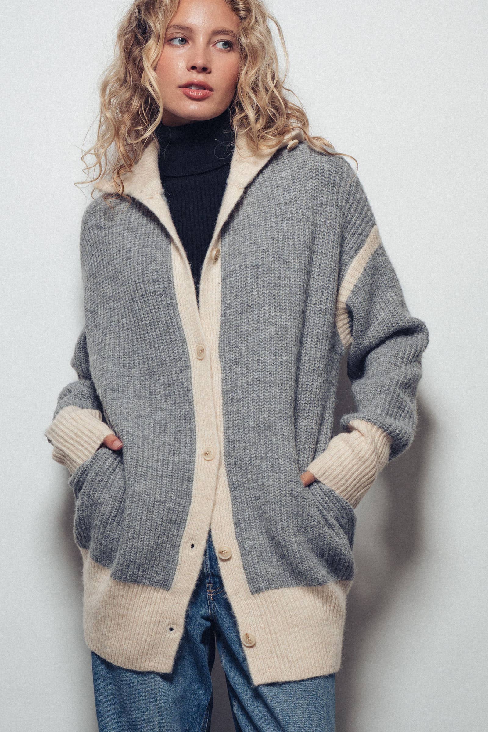 Urban Daizy Contrast Trim Collared Sweater Cardigan Brown Cardigan - Women's (UDZ-TP-00814) – alternate view 3