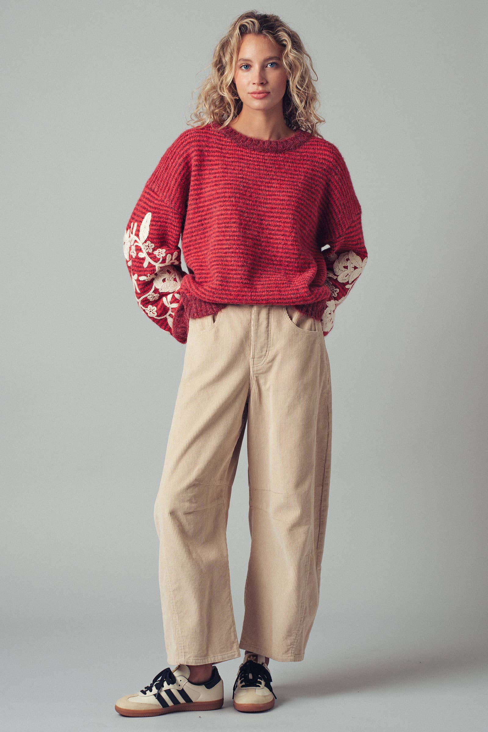 Urban Daizy Floral Embroidered Striped Knit Sweater Brown Knit Sweater - Women's (UDZ-TP-00814) – alternate view 8
