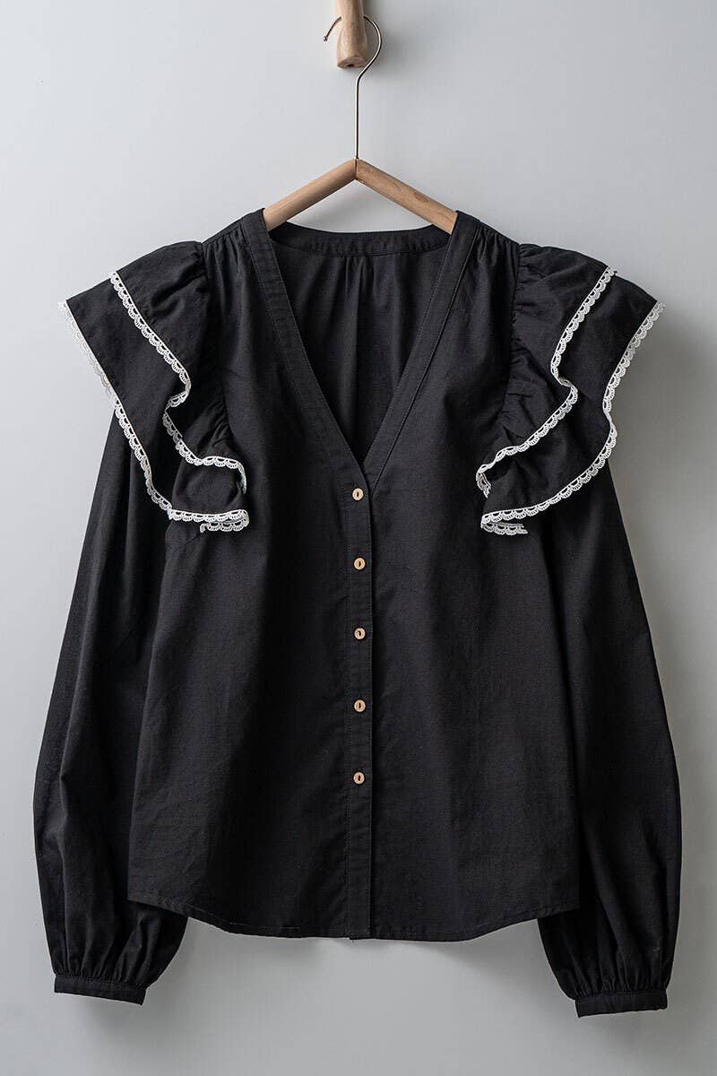 Urban Daizy Ruffled Shoulder V Neck Button Down Blouse White Black Blouse - Women's (UDZ-TP-00746) – alternate view 20