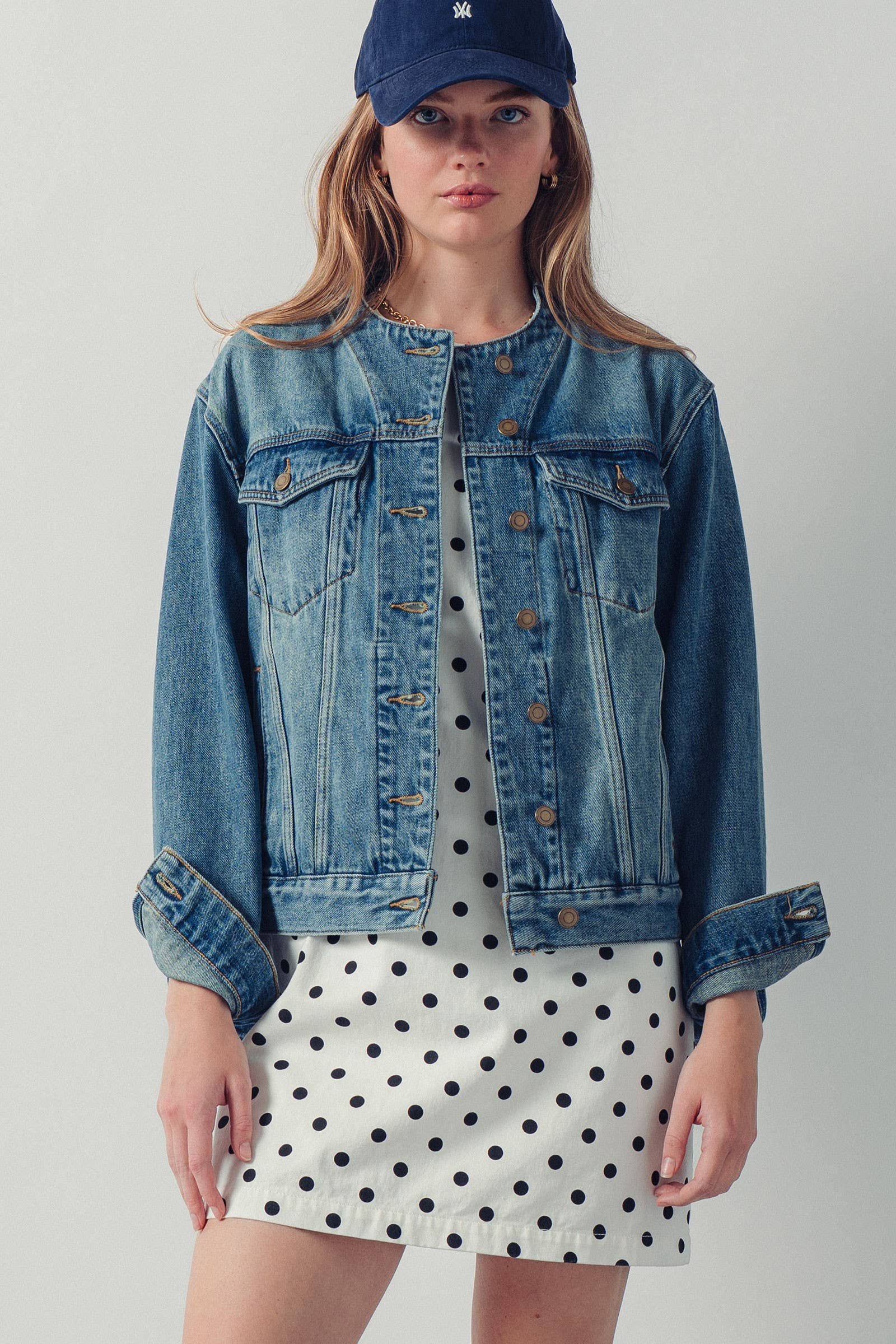 Urban Daizy Collarless Wash Denim Chore Jacket Denim Denim Jacket - Women's (UDOW0294-Denim) – alternate view 6