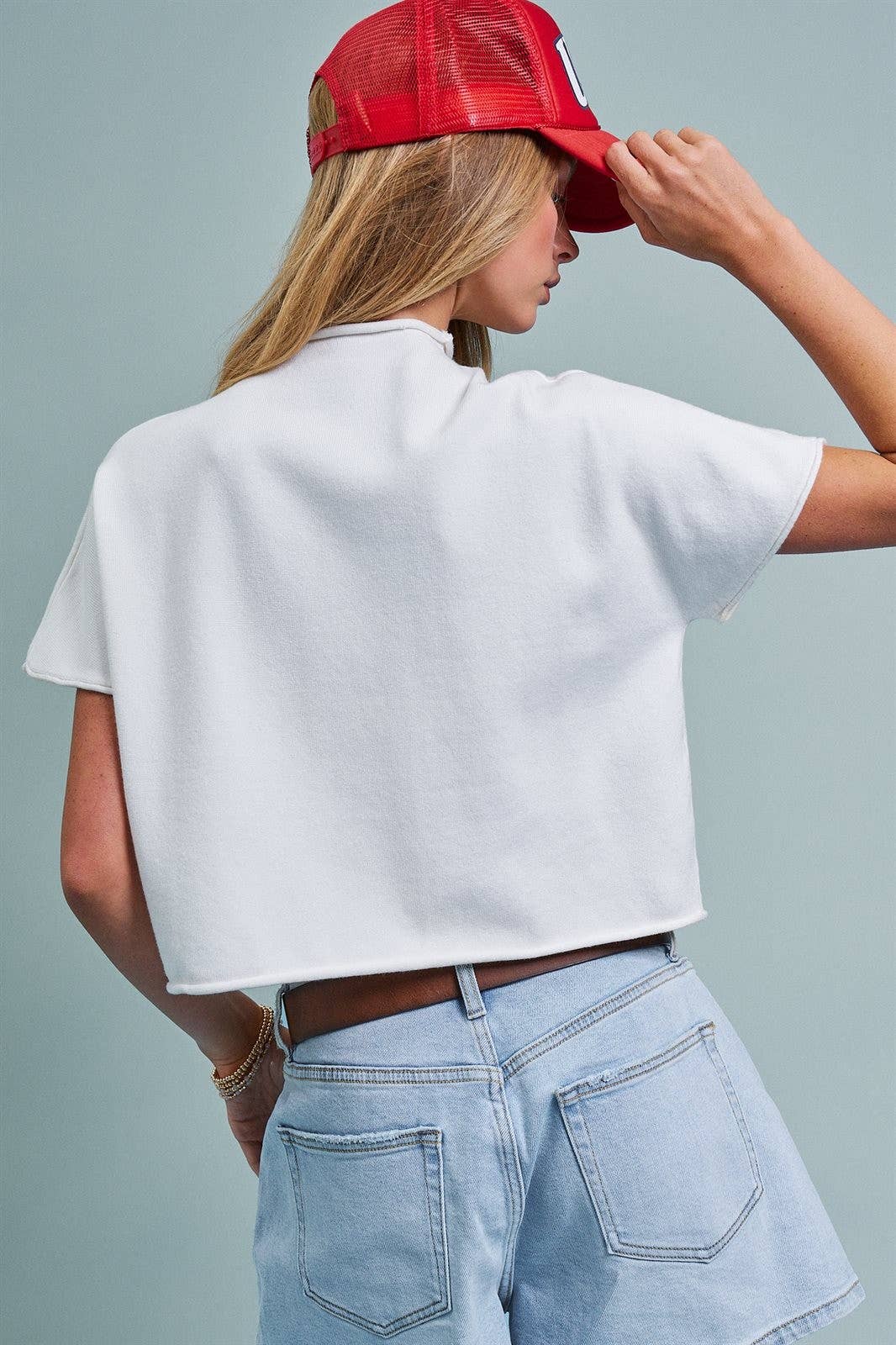 Urban Daizy American Flag Graphic Raw Edge Crop Tee White T-Shirt (Graphic) - Women's (UDZ-TP-01083-White) – alternate view 4
