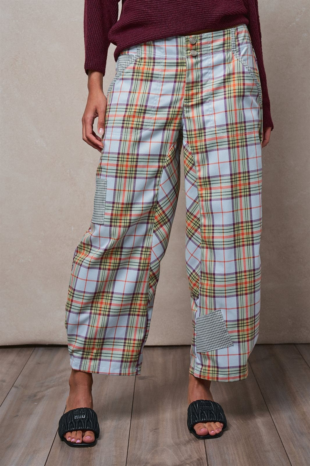 Plaid Barrel Pants Patchwork Western Boho Wide Trousers in GREY - Women's Casual Pants | Urban Daizy