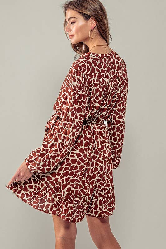 Urban Daizy Giraffe Print Long Sleeve V Neck Belted Mini Western Dress Rust Dress - Women's (UDZ-DR-00066) – alternate view 4