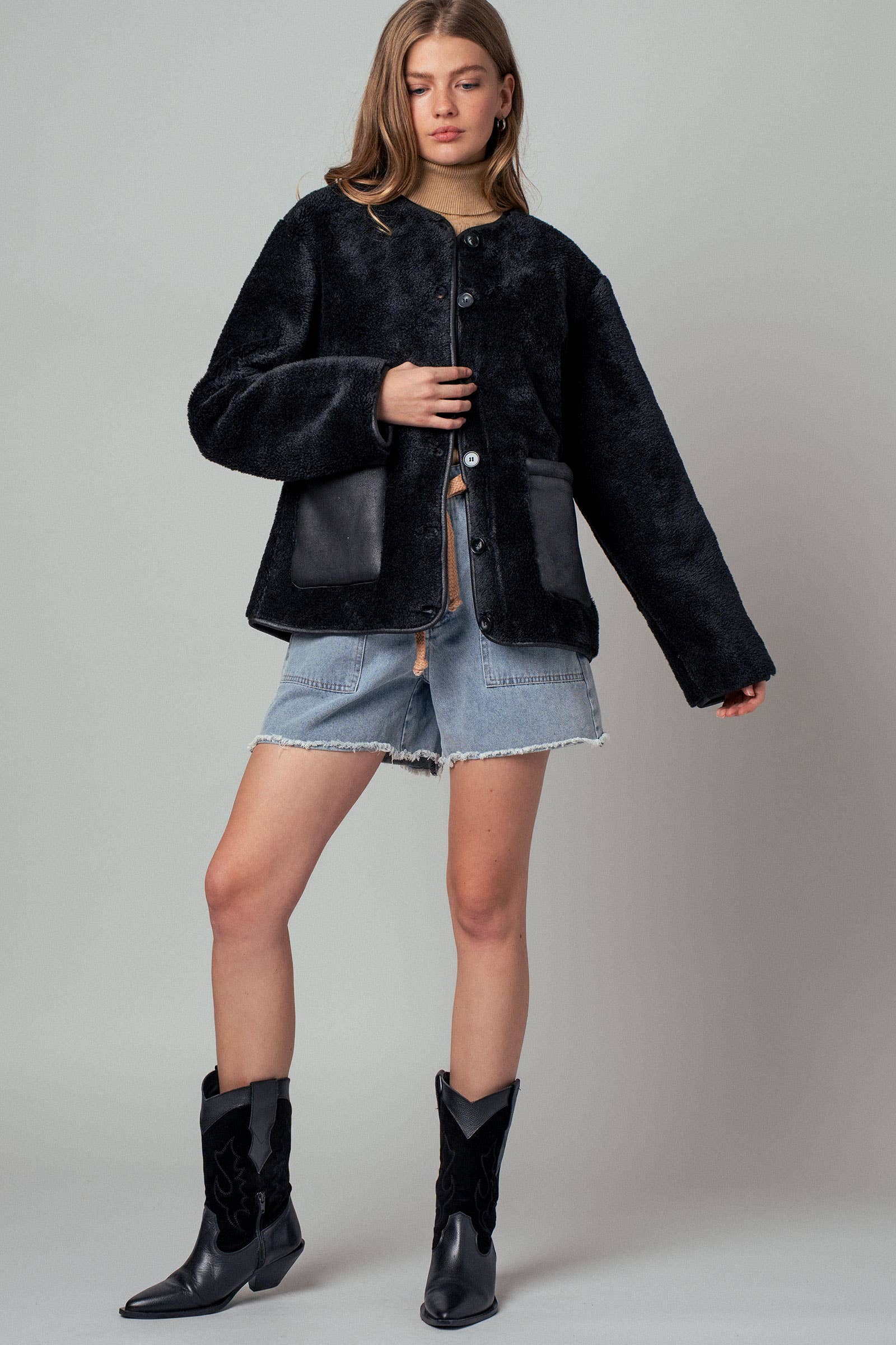 Faux Shearling Jacket with Suede Pockets