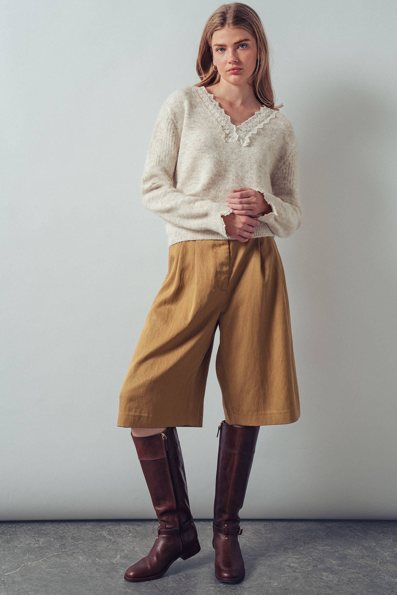 Lace Trim V-Neck Heathered Knit Sweater