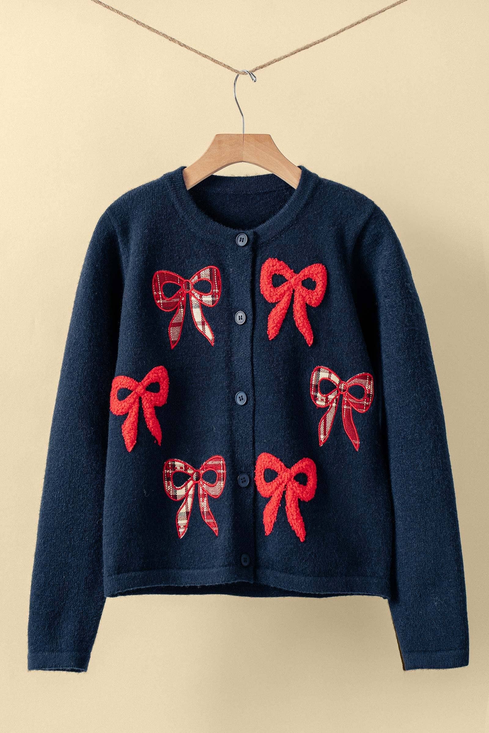 Urban Daizy Textured Bow Appliqué Knit Cardigan Navy Cardigan - Women's (UDZ-KN-00150)
