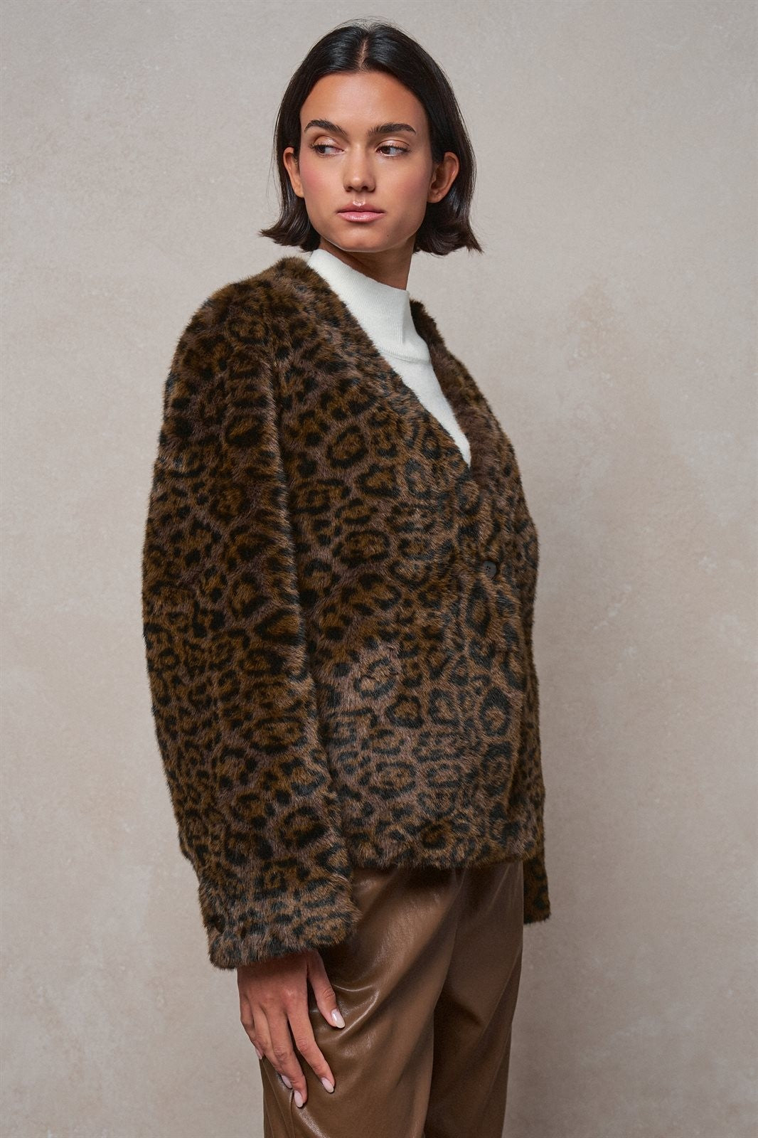 Leopard Print Faux Fur V-Neck Jacket in BROWN - Women's Jackets & Blazers | Urban Daizy