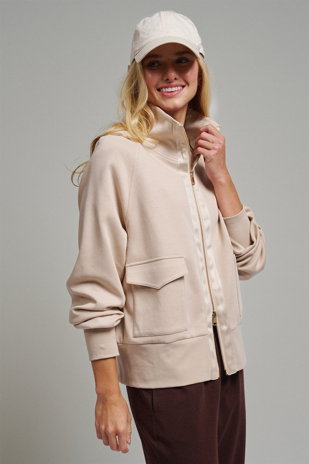 Scuba Zip Up Track Bomber Jacket Pilates Athflow for Women in SAND - Women's Jackets & Blazers | Urban Daizy