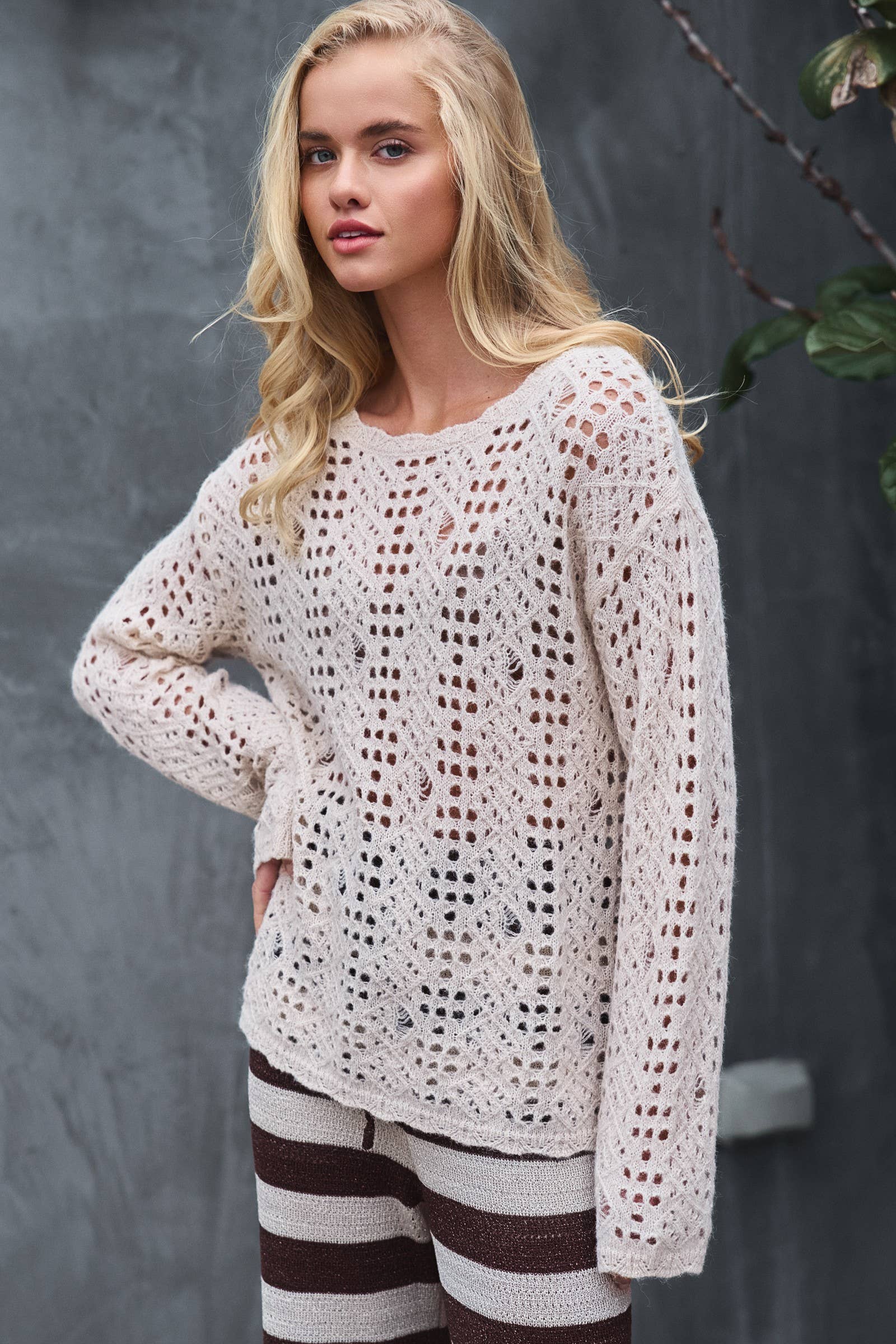 Urban Daizy Relaxed Open-Knit Crochet-Style Sweater Natural Knit Sweater - Women's (UDZ-KN-00994) – alternate view 6
