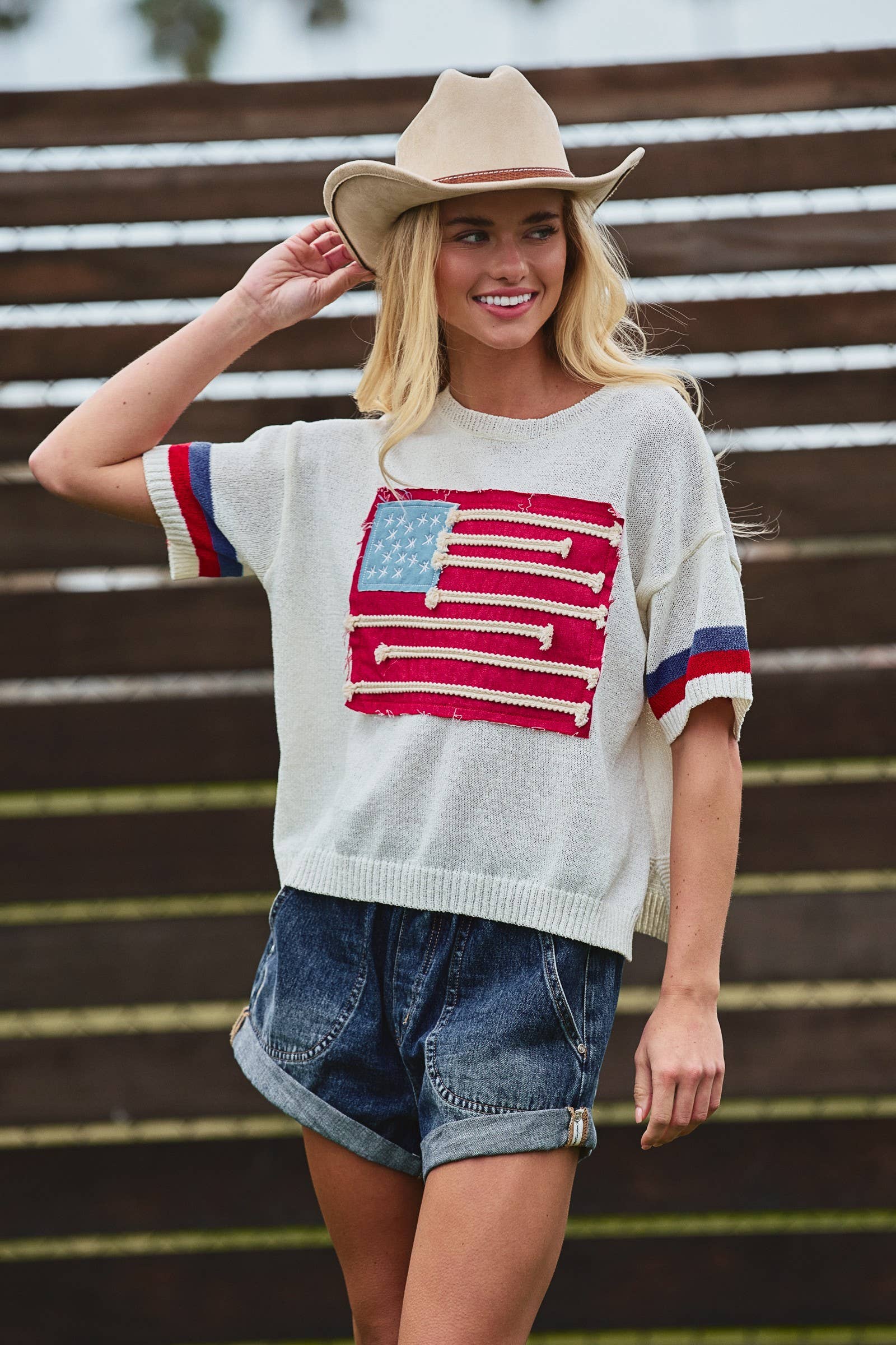 Flag Applique Knit Sweater with Stripe Cuffs