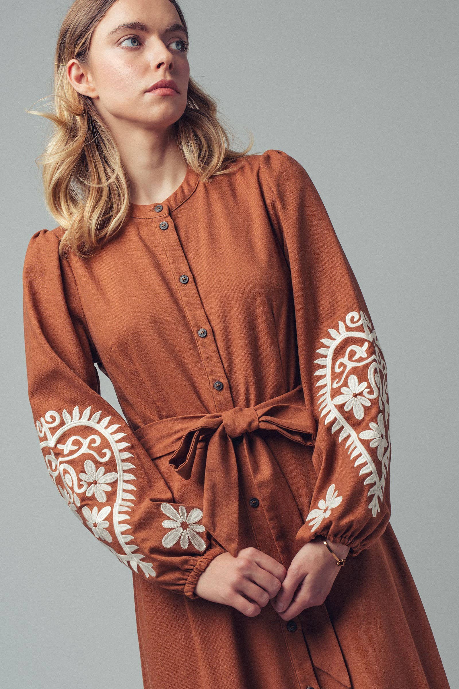 Urban Daizy Paisley Embroidered Belted Maxi Dress Camel Dress - Women's (UDZ-DR-00509) – alternate view 15