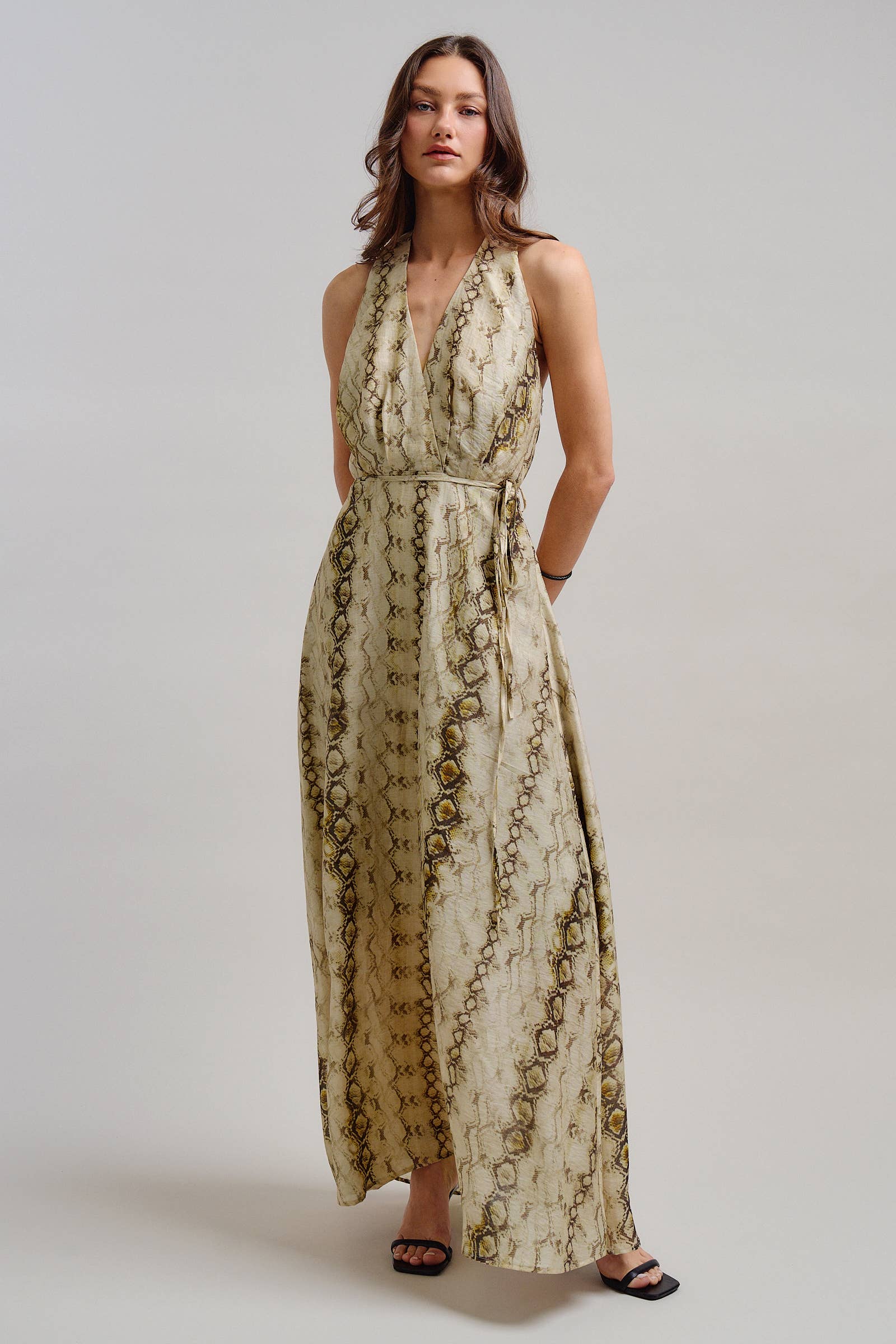 Snake Print Tencel Linen Halter Maxi Dress
