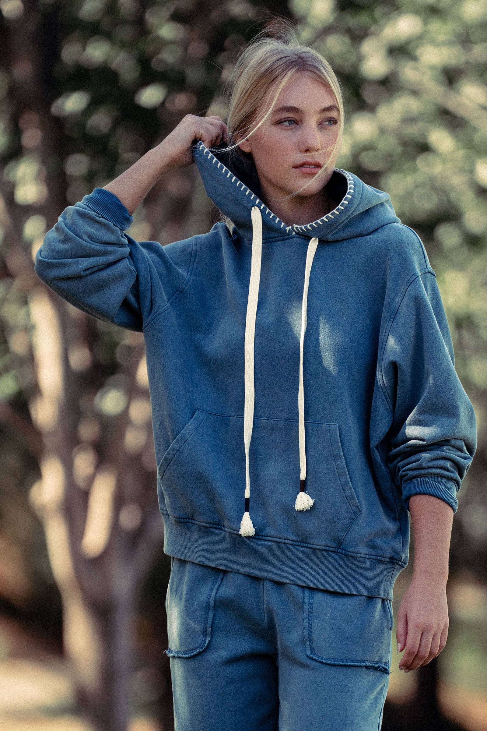 Vintage-Wash Crochet Trim Hooded Sweatshirt