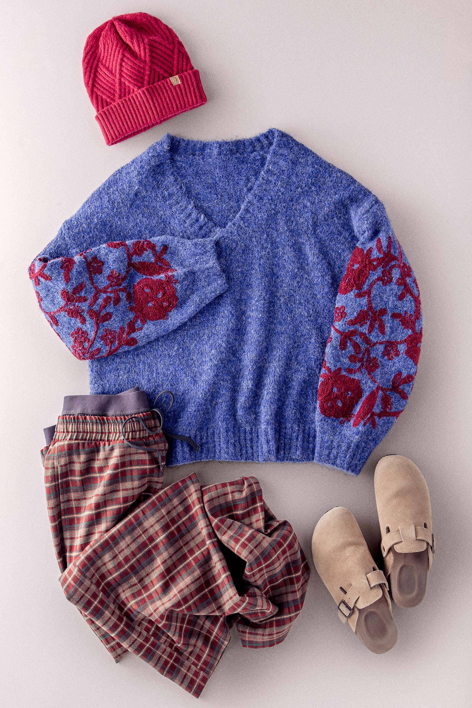 Romantic Floral Embroidered V-Neck Sweater