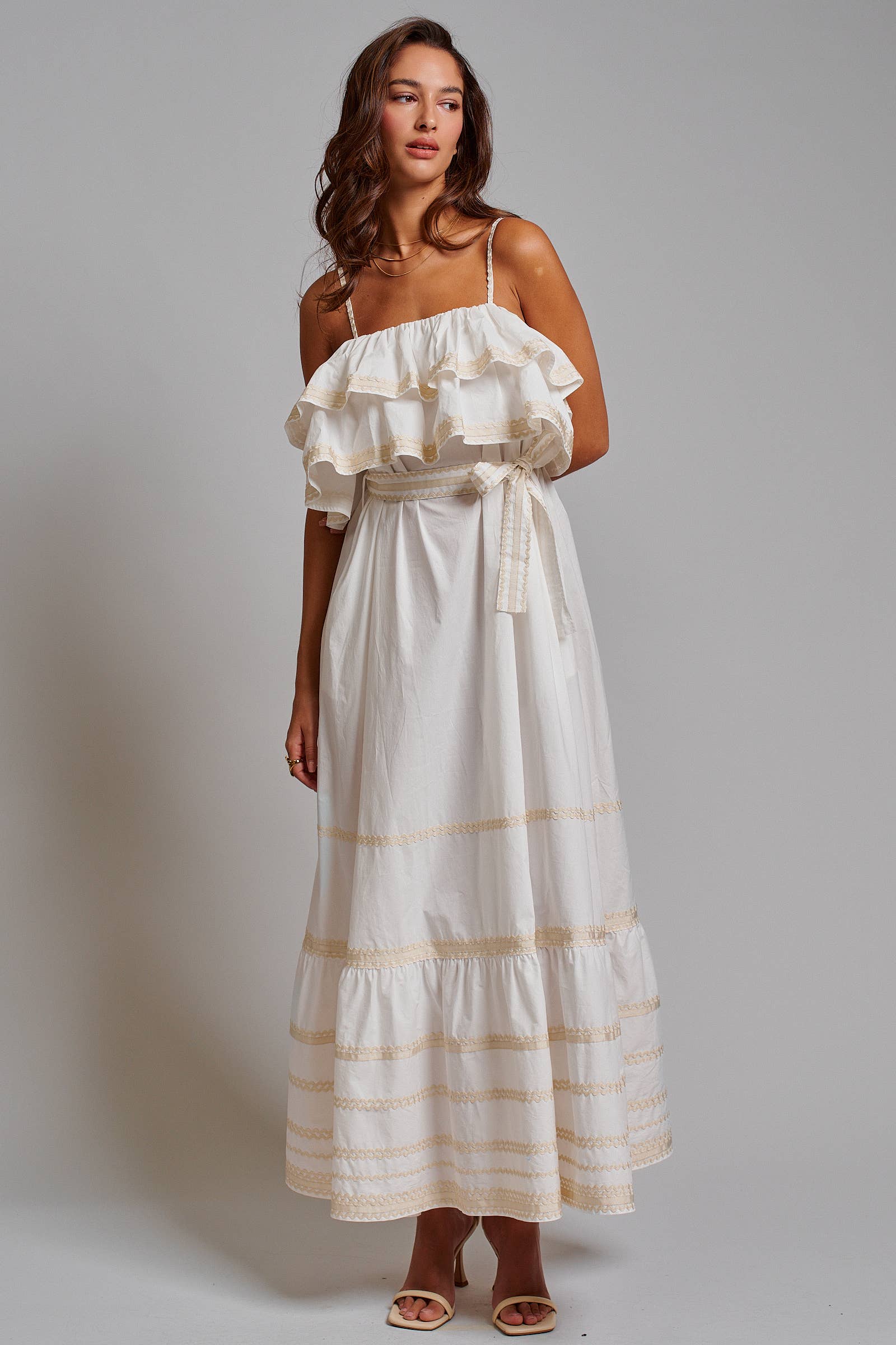 Rickrack Trim Tiered Ruffle Cotton Maxi Dress
