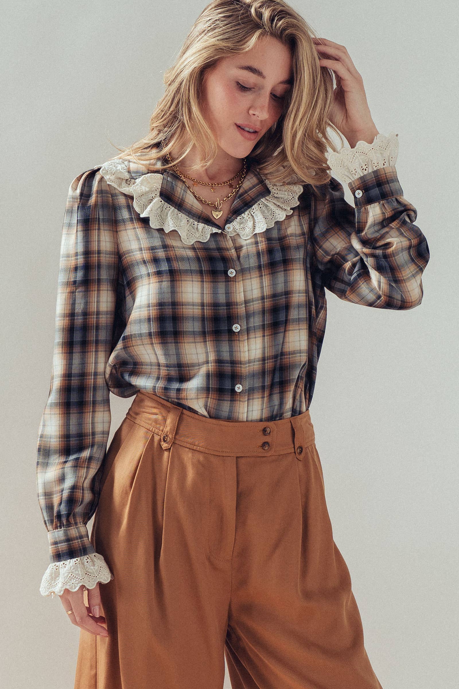 Tencel Plaid Blouse With Eyelet Lace Collar