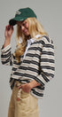 Striped Rugby Polo Long Sleeve Knit Top with Contrast Collar in IVORY BLACK - Women's T-Shirts & Polos | Urban Daizy