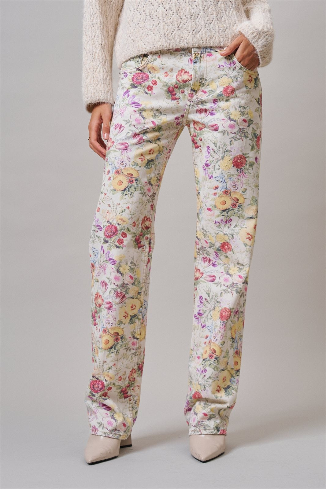 Floral Print Straight Leg Casual Pants in IVORY MULTI - Women's Casual Pants | Urban Daizy