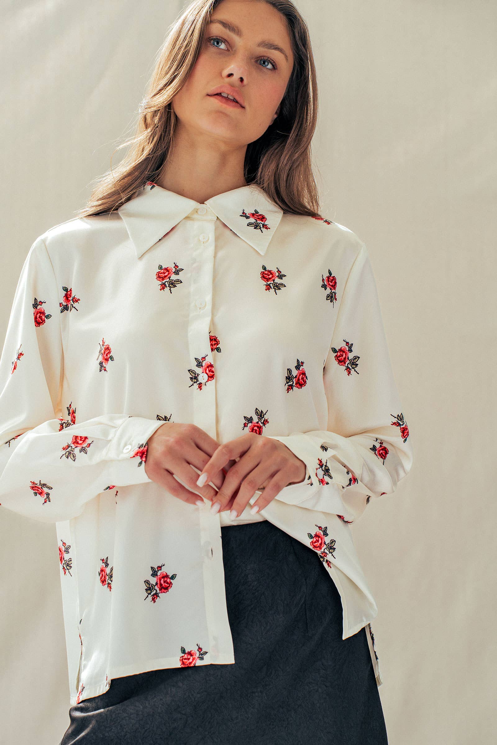 Rose Print Satin Button-Up Blouse