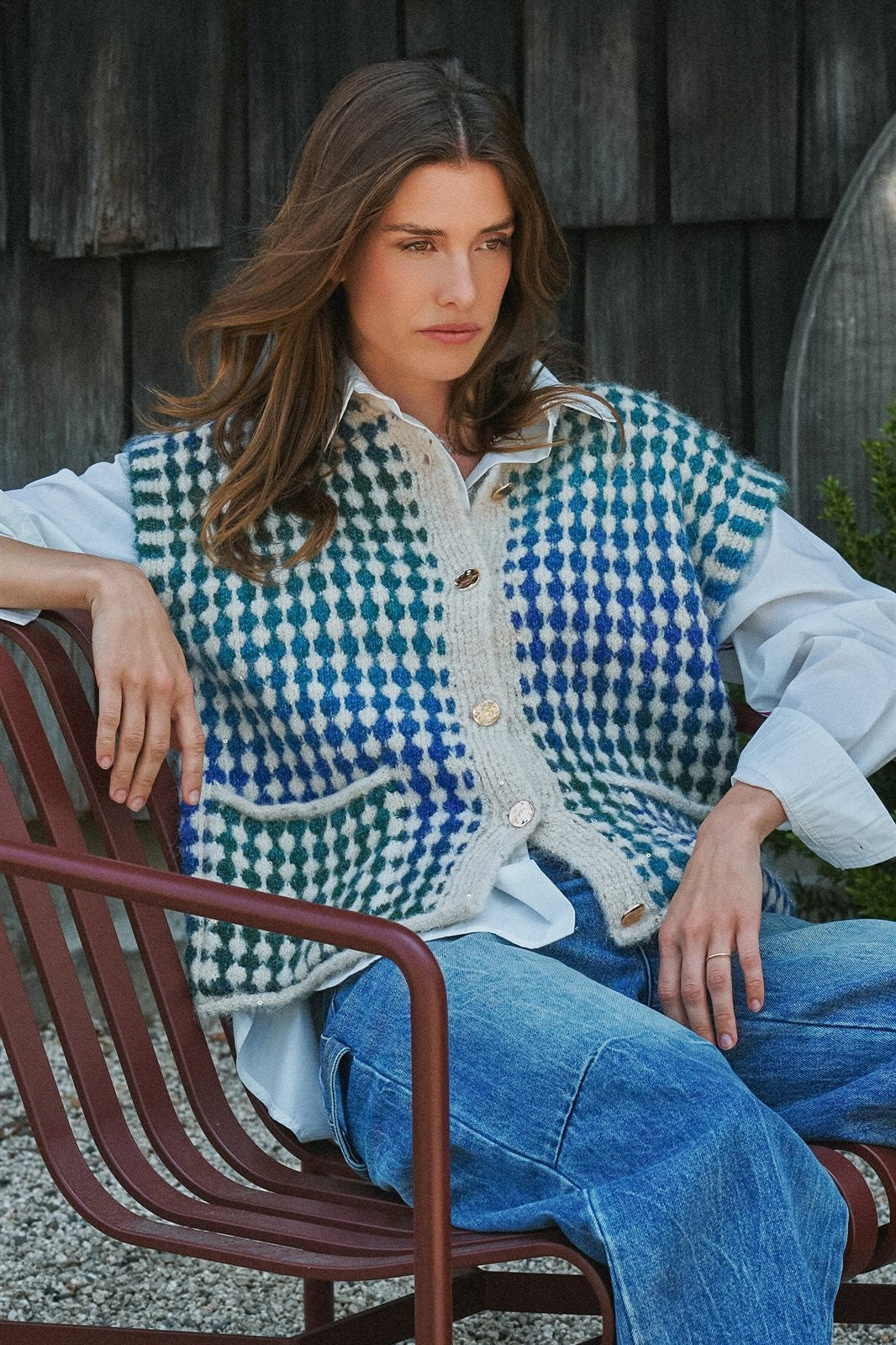 Popcorn Knit Button Front Sweater Vest Wool Blend in GREEN - Women's Sweater Vests | Urban Daizy