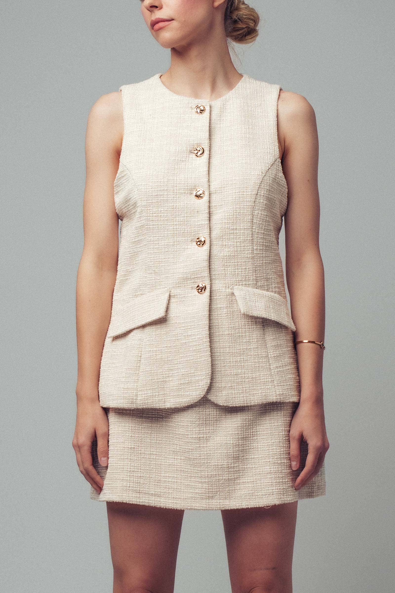 Urban Daizy Preppy Tweed Gold Button Skort Romper Ivory Romper - Women's (UDZ-KN-00657)