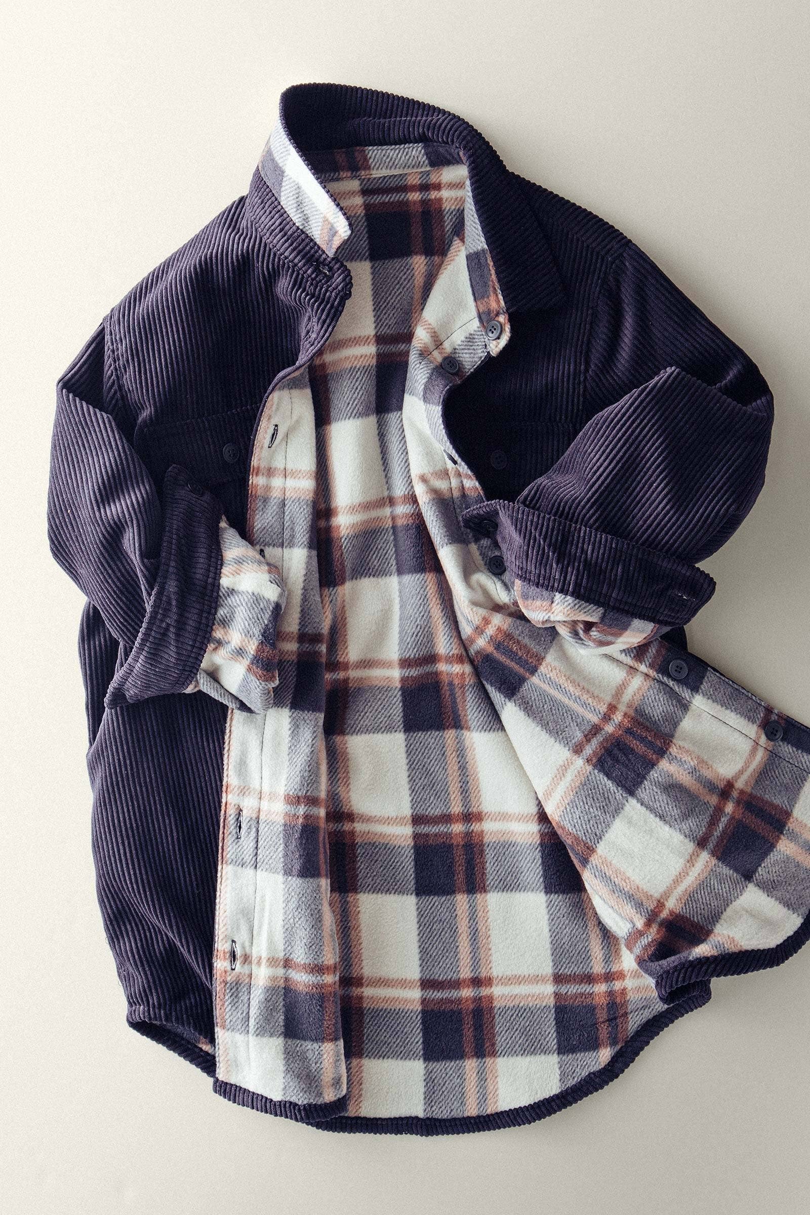 Urban Daizy Plaid Lined Corduroy Flannel Shacket Black Shirt Jacket Shacket - Women's (UDZ-OT-00018)