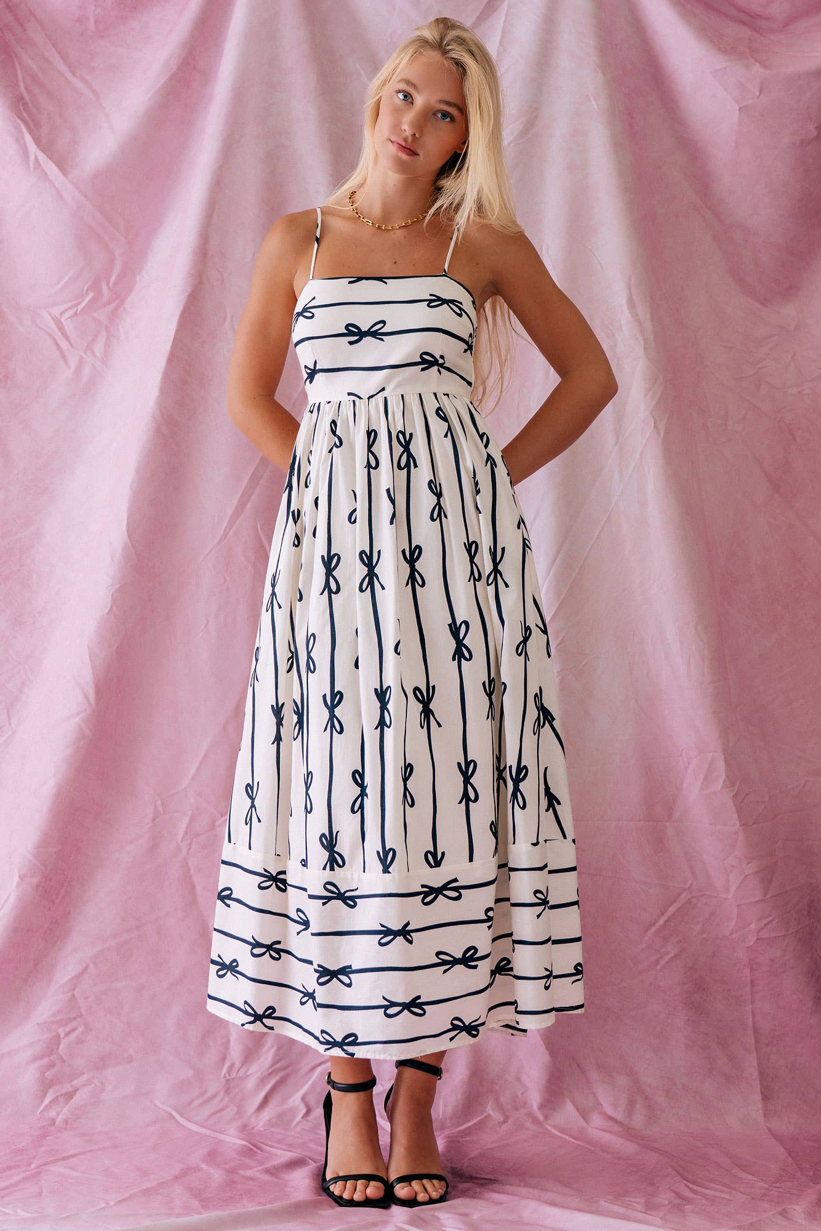Sweet Ribbon Stripe Bow Print Smocked Back Maxi Dress