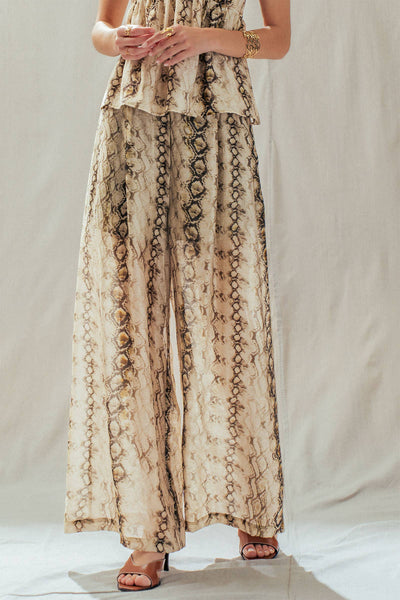 Snake Print Wide Leg Pants Linen Blend