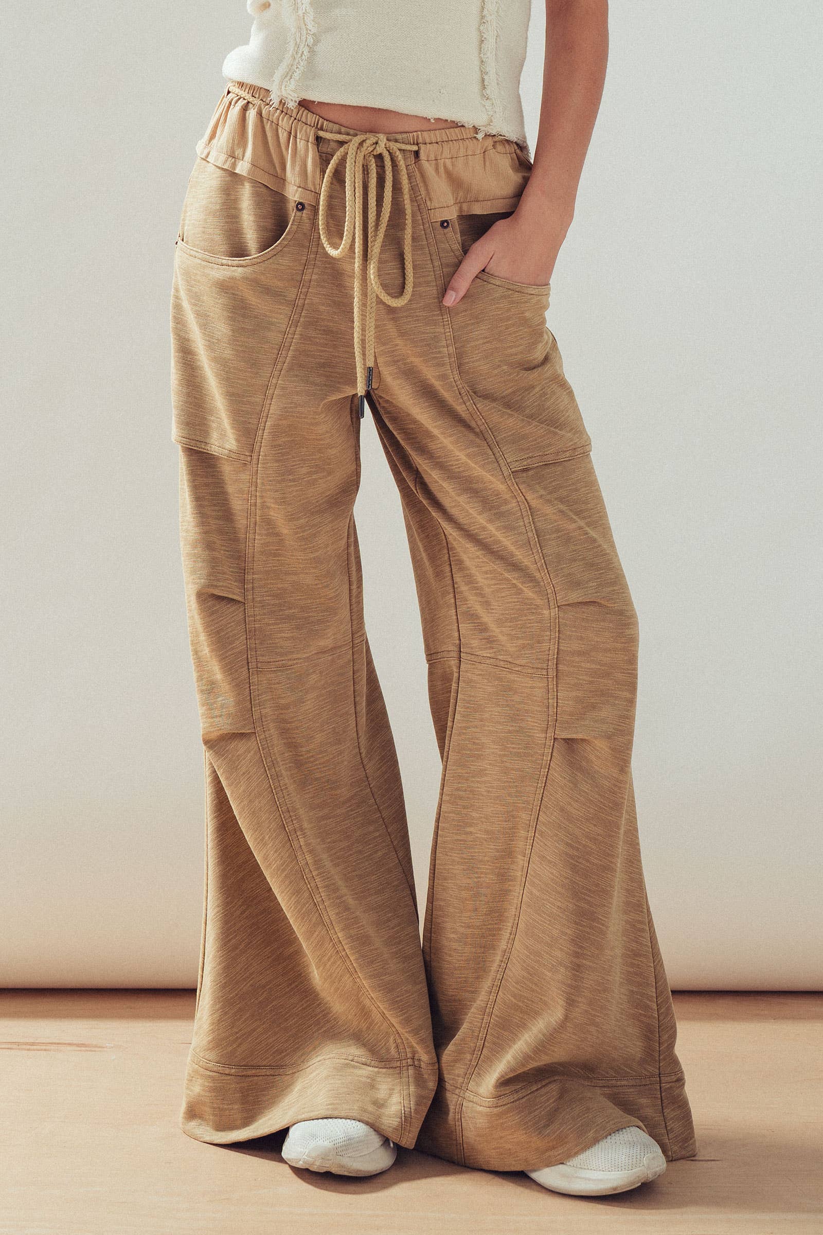 Drawstring Waist Seam Detail Wide-Leg Pants