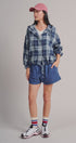 Plaid Flannel Hooded Shirt Jacket with Drawstring Hem in NAVY - Women's Shirts & Blouses | Urban Daizy