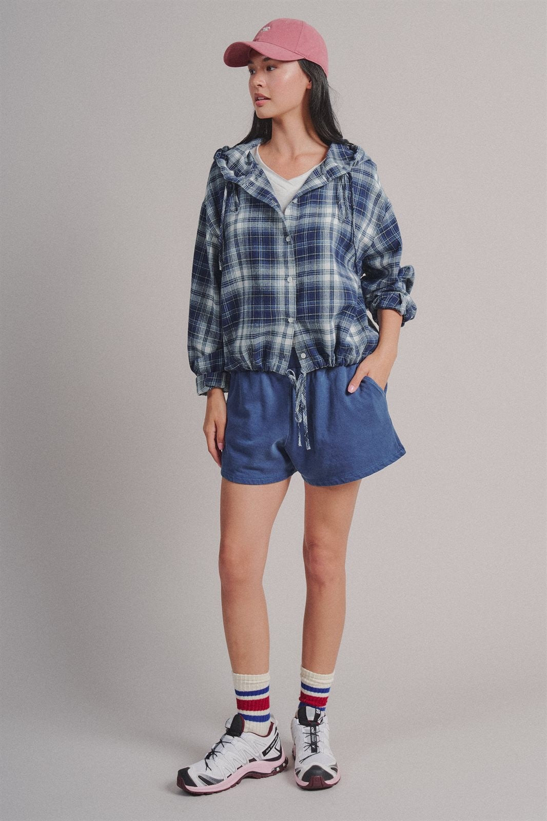 Plaid Flannel Hooded Shirt Jacket with Drawstring Hem in NAVY - Women's Shirts & Blouses | Urban Daizy