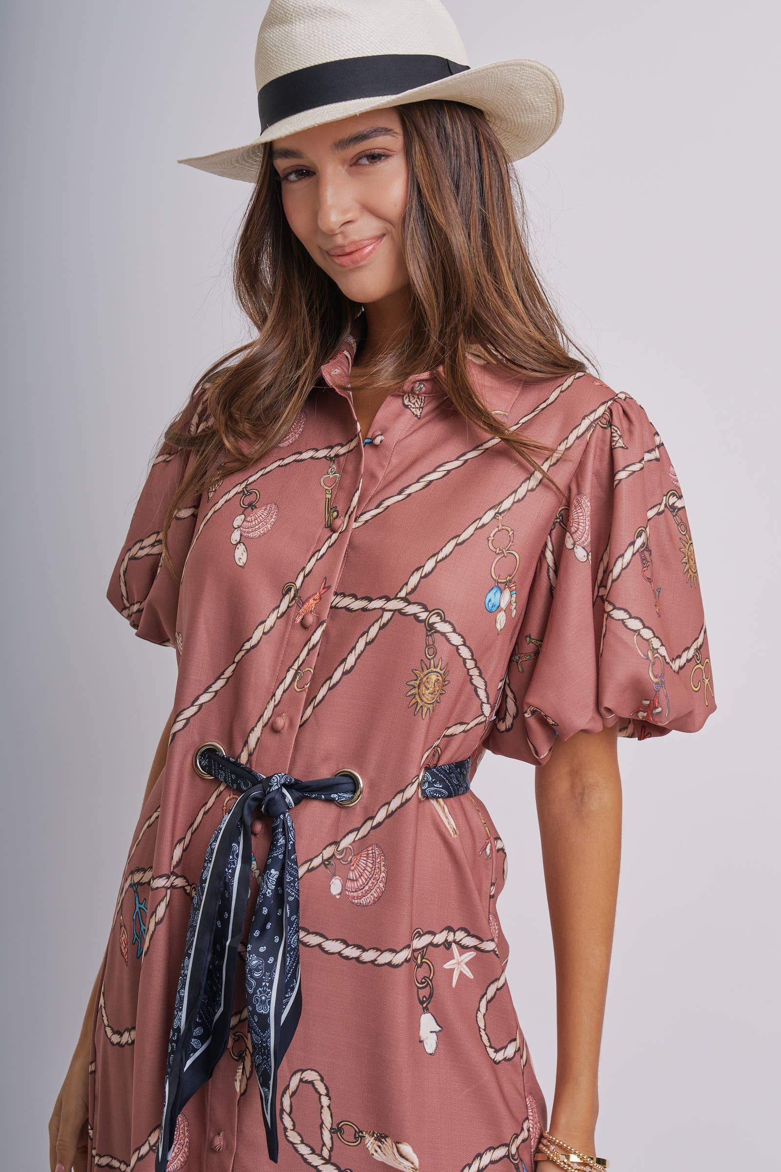 Nautical Motif Puff Sleeve Shirt Dress