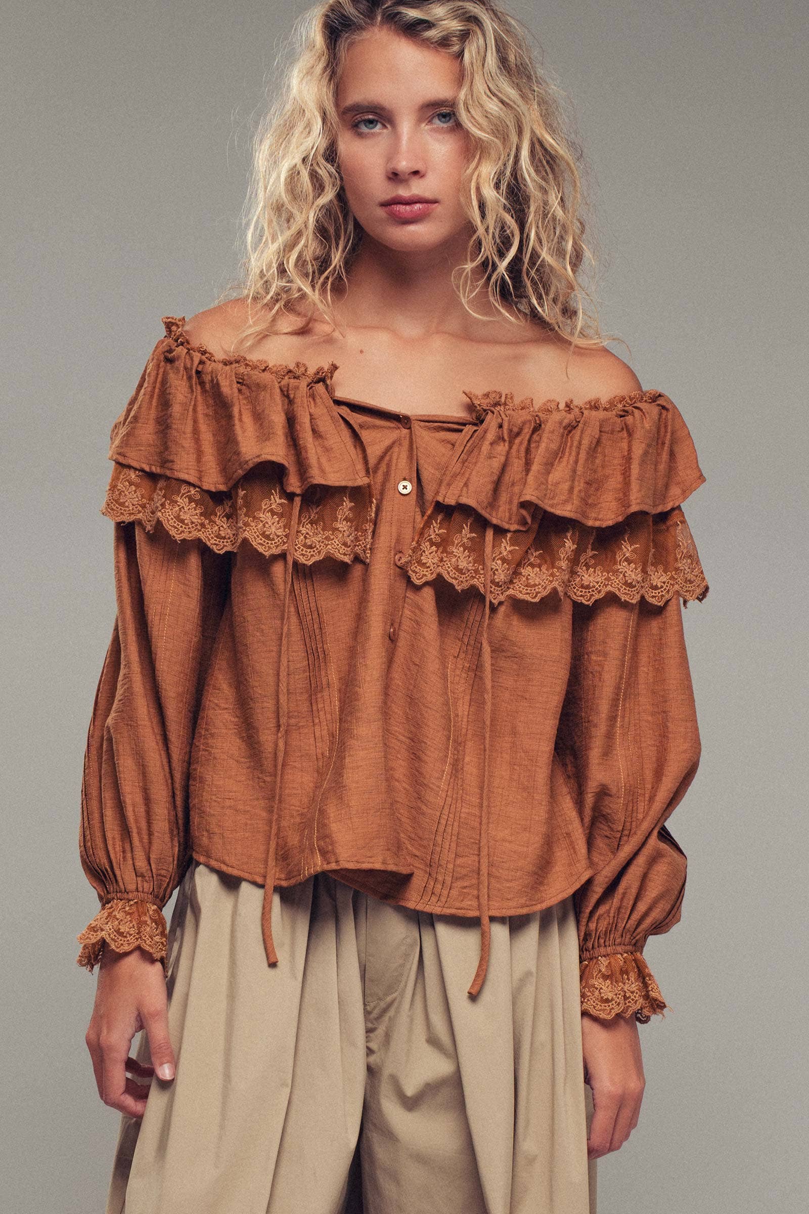 Lace Trim Ruffle Tie Neck Spring Blouse Top