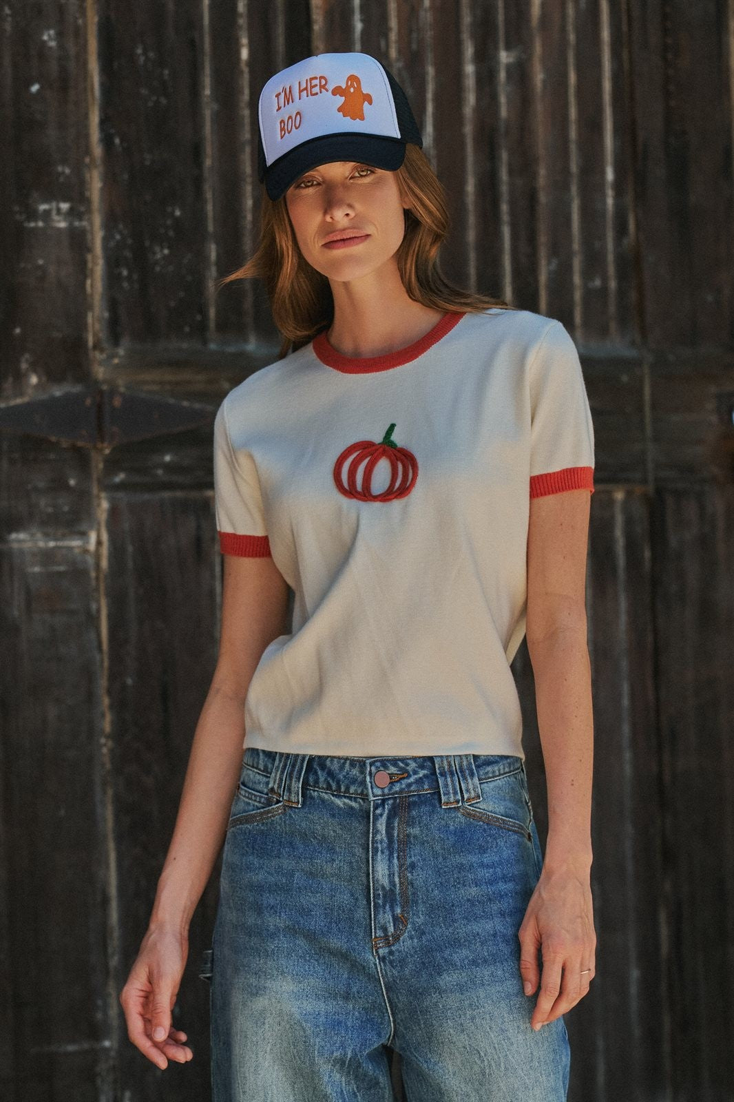 Pumpkin Embroidered Crew Neck Knit Tee in IVORY - Women's Sweaters | Urban Daizy