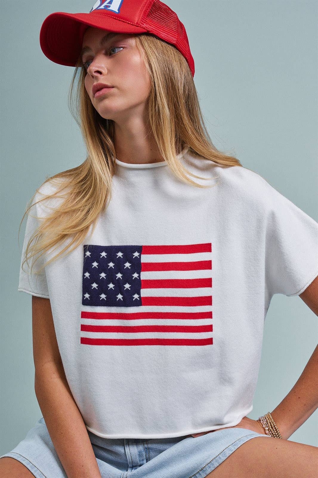 Urban Daizy American Flag Graphic Raw Edge Crop Tee White T-Shirt (Graphic) - Women's (UDZ-TP-01083-White) – alternate view 9
