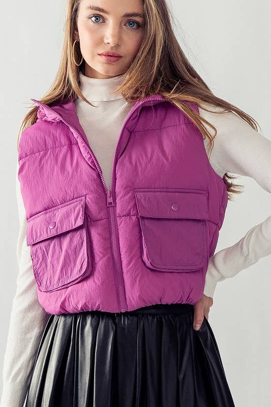 Urban Daizy Hooded Zip Up Cropped Puff Vest Orchid Outerwear Vest - Women's (UDZ-OT-00240)