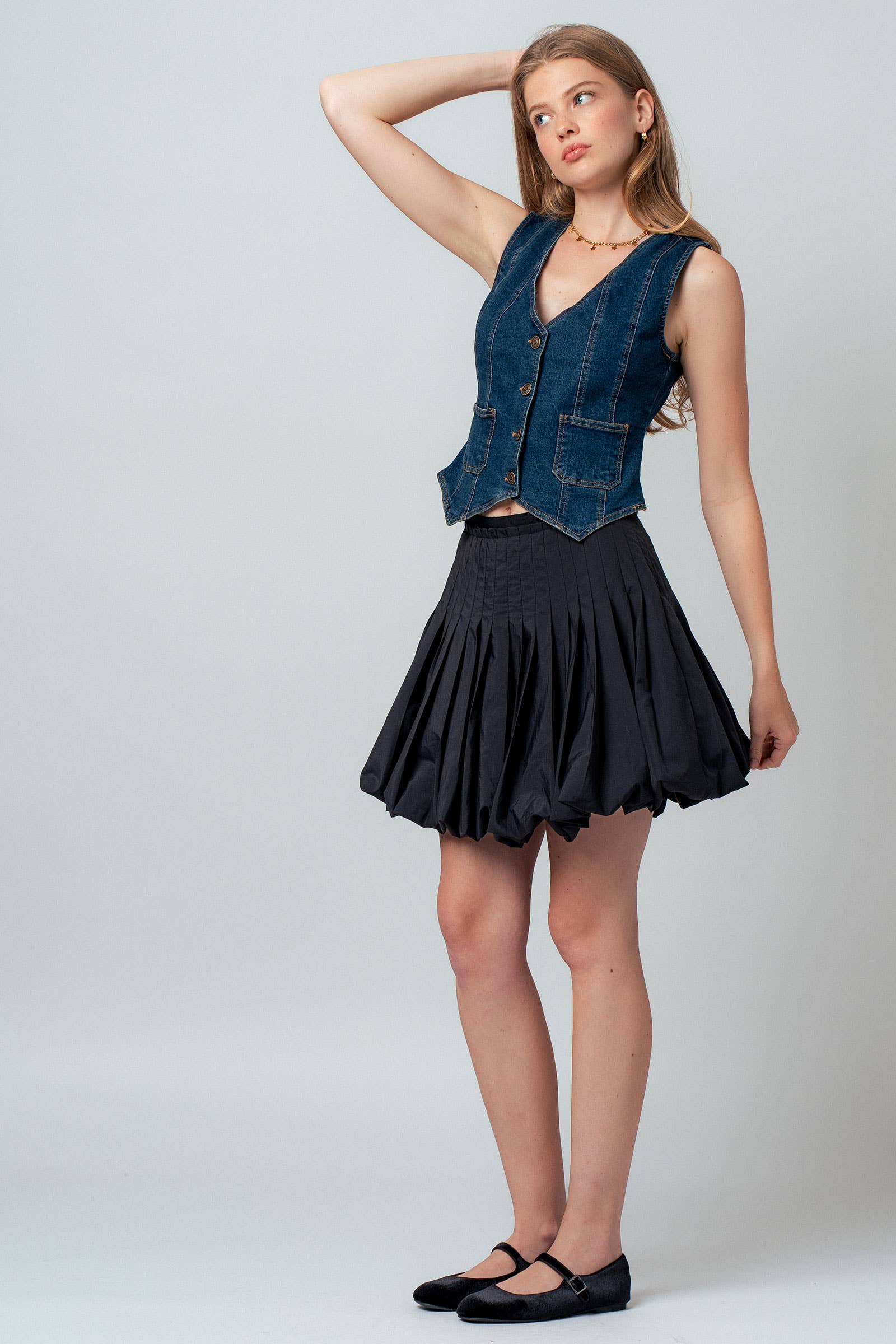 Fitted V-Neck Button-Front Denim Vest