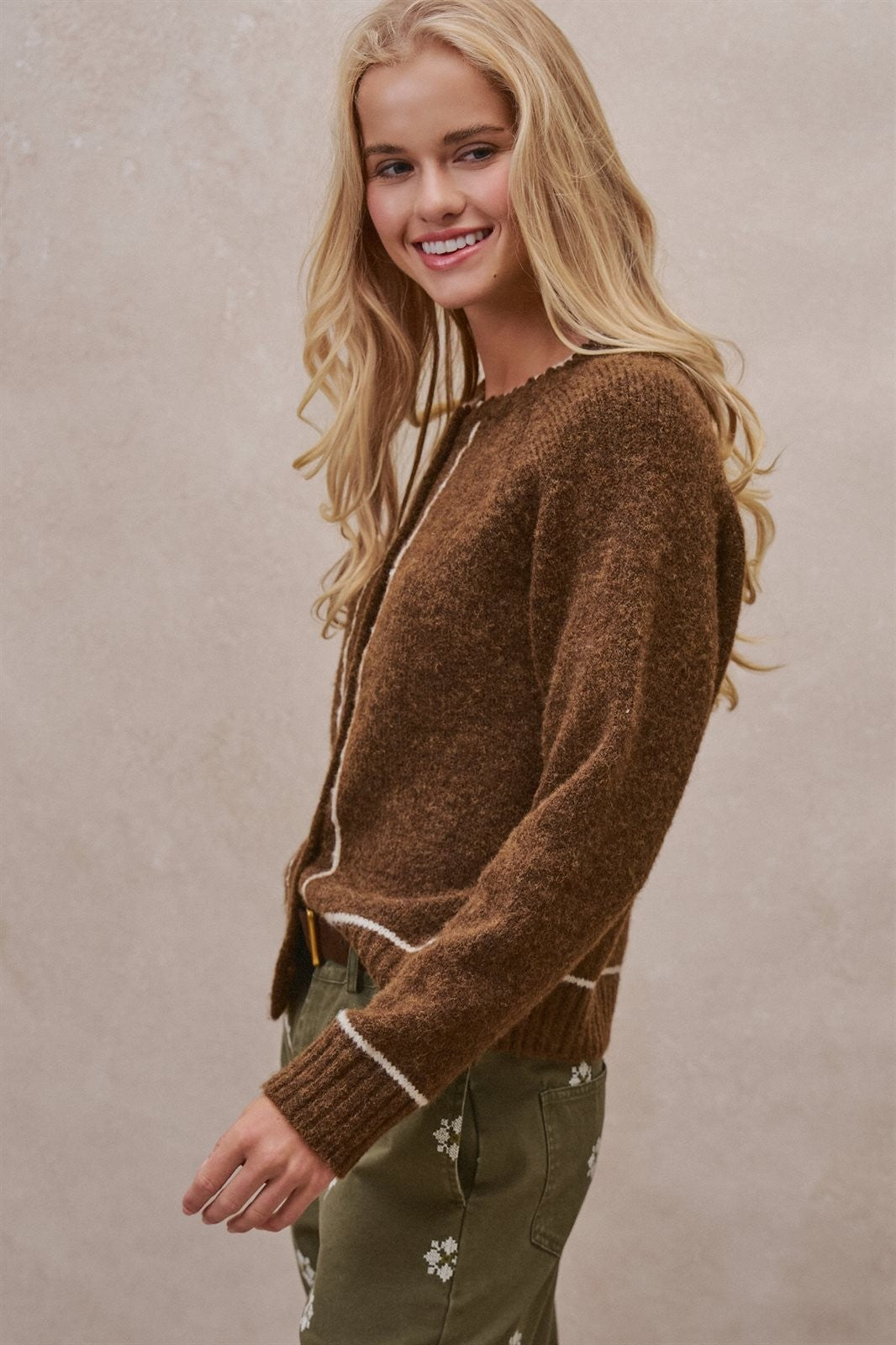 Wool Blend Sweater Cardigan with Statement Buttons in BROWN - Women's Cardigans & Shrugs | Urban Daizy