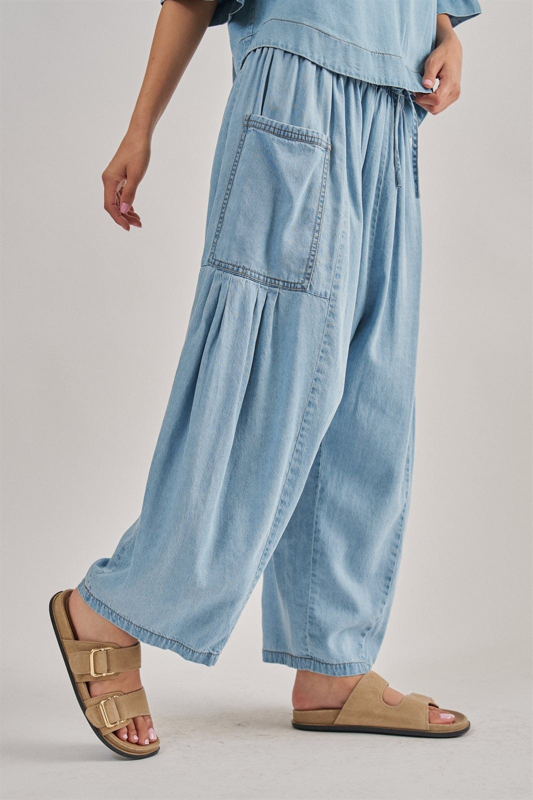 Washed Utility Wide-Leg Pants in CHAMBRAY - Women's Casual Pants | Urban Daizy
