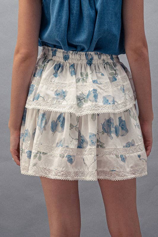 Urban Daizy Blue Rose Print Lace Trim Double Tiered Mini Skirt Ivory Skirt - Women's (UDZ-AC-00158) – alternate view 3