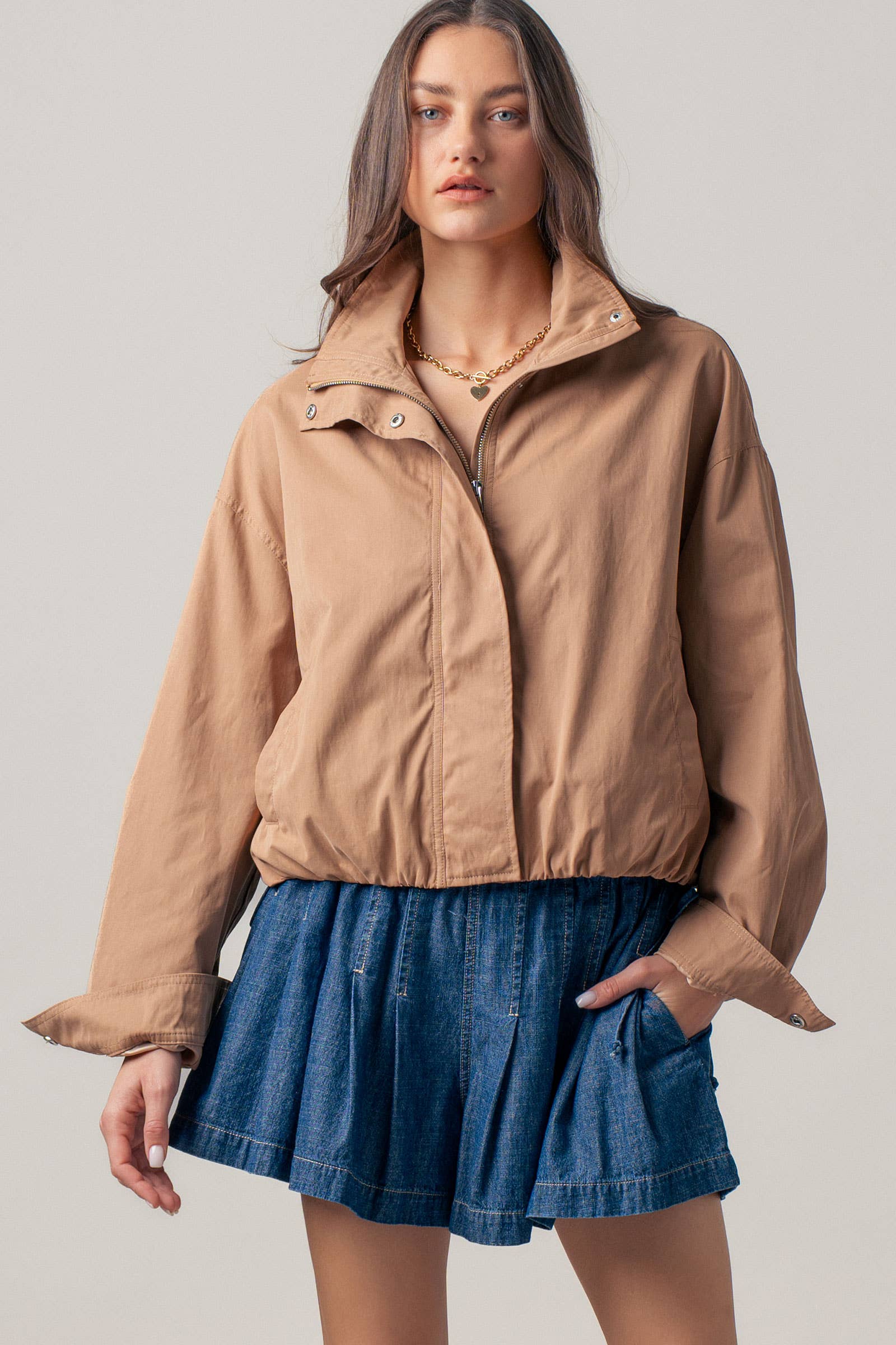 Modern Relaxed Stand Collar Camel Zip Jacket