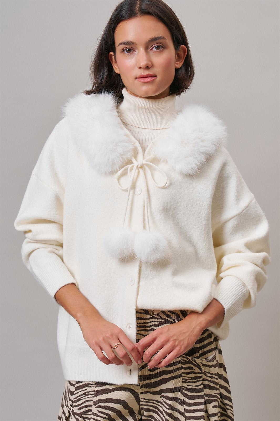 Faux Fur Hood Pom Pom Cardigan Wool Blend in Baby Blue in IVORY - Women's Cardigans & Shrugs | Urban Daizy