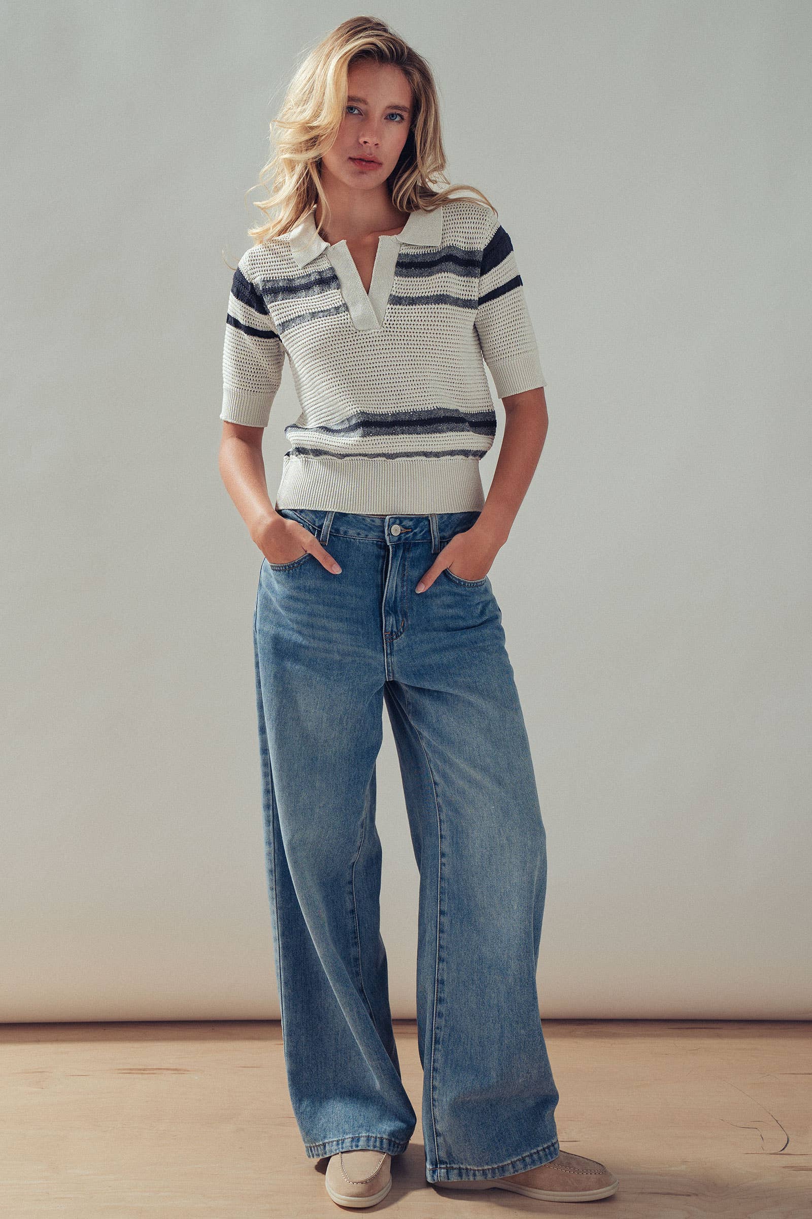 Striped V-Neck Short Sleeve Knit Polo